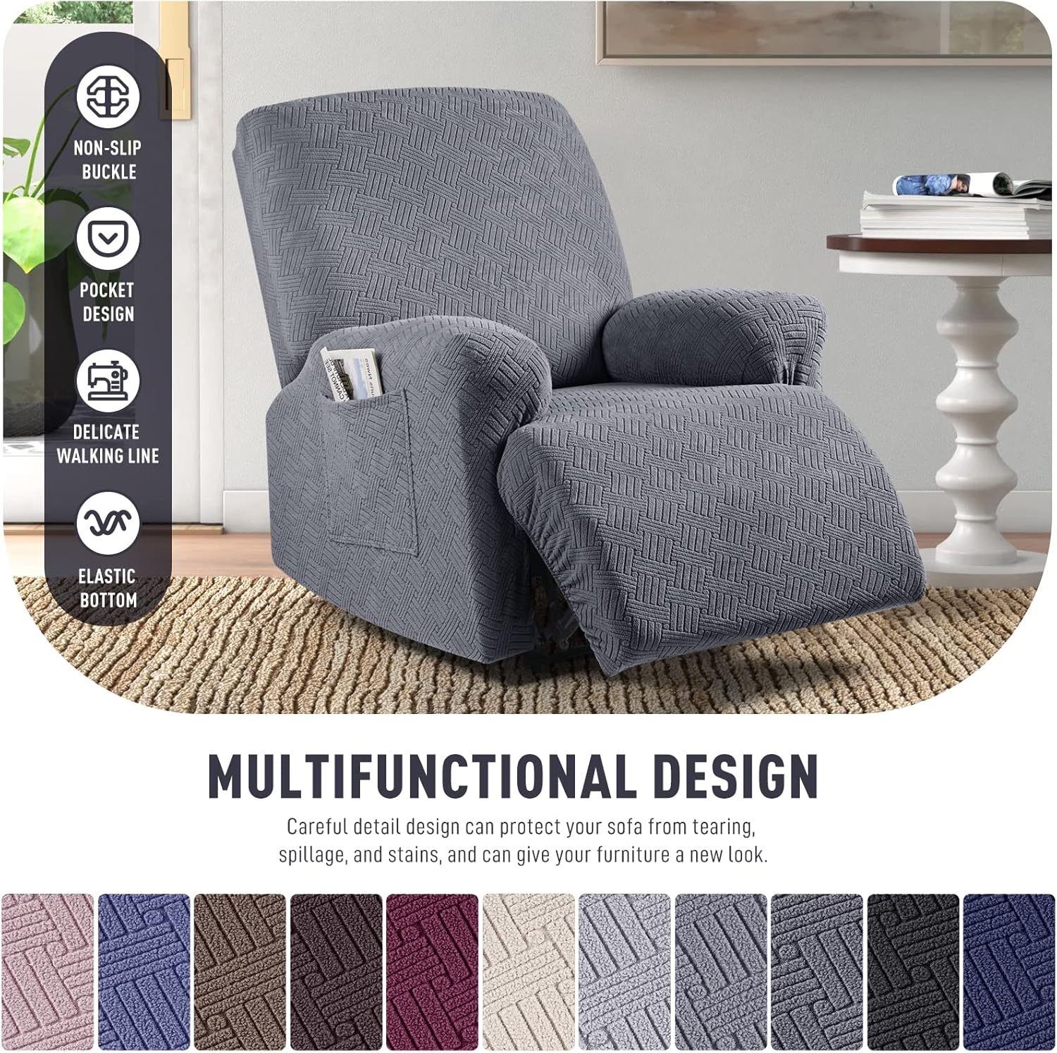 Recliner Covers, Stretch Reclining Chair Covers, Recliner Sofa Slipcovers Stripe Jacquard Recliner Couch Covers Furniture Protector Covers for Pet Kid (1 Seater, Dark Gray) - Image 4