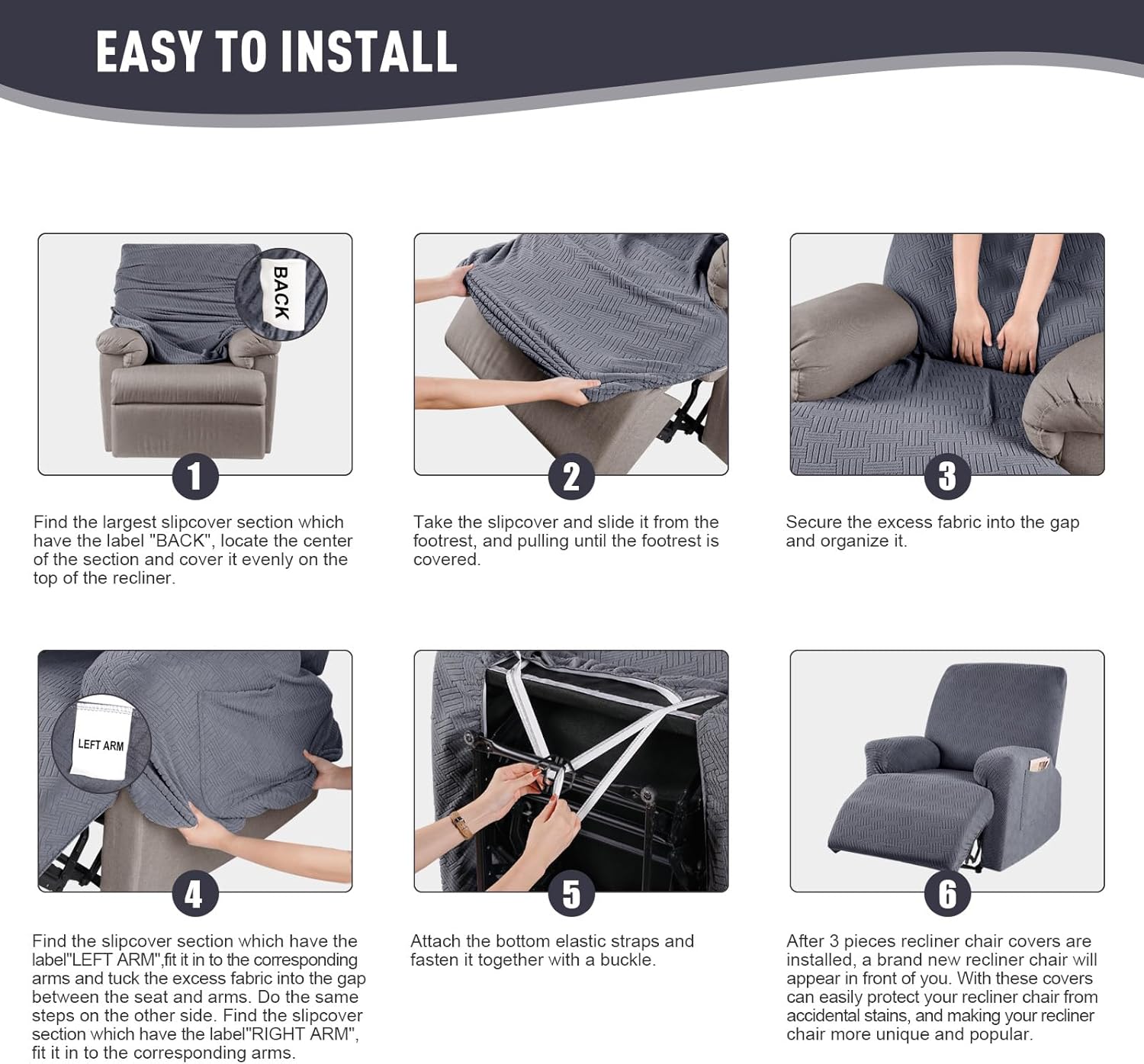 Recliner Covers, Stretch Reclining Chair Covers, Recliner Sofa Slipcovers Stripe Jacquard Recliner Couch Covers Furniture Protector Covers for Pet Kid (1 Seater, Dark Gray) - Image 5