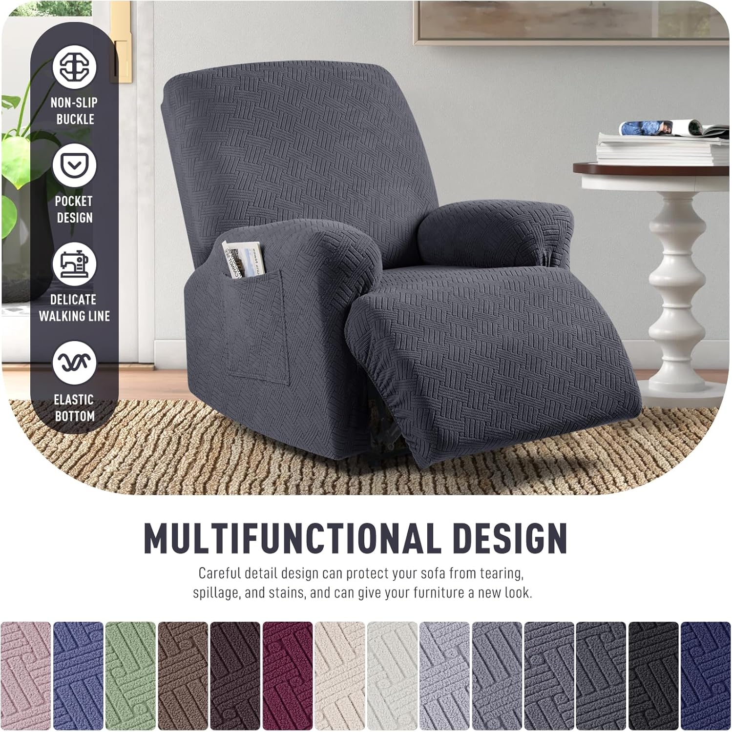 Recliner Covers, Stretch Reclining Chair Covers, Recliner Sofa Slipcovers Stripe Jacquard Recliner Couch Covers Furniture Protector Covers for Pet Kid (1 Seater, Deep Gray) - Image 2