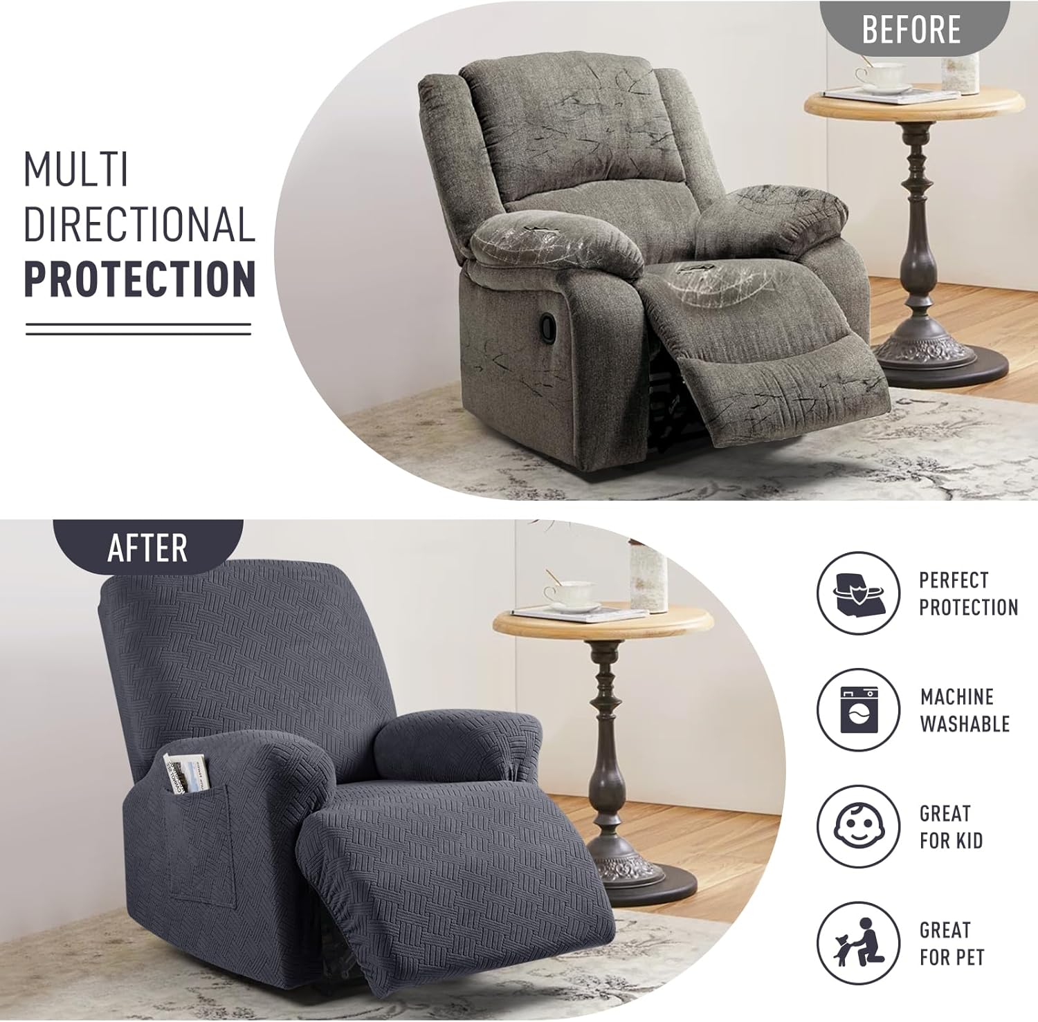 Recliner Covers, Stretch Reclining Chair Covers, Recliner Sofa Slipcovers Stripe Jacquard Recliner Couch Covers Furniture Protector Covers for Pet Kid (1 Seater, Deep Gray) - Image 4