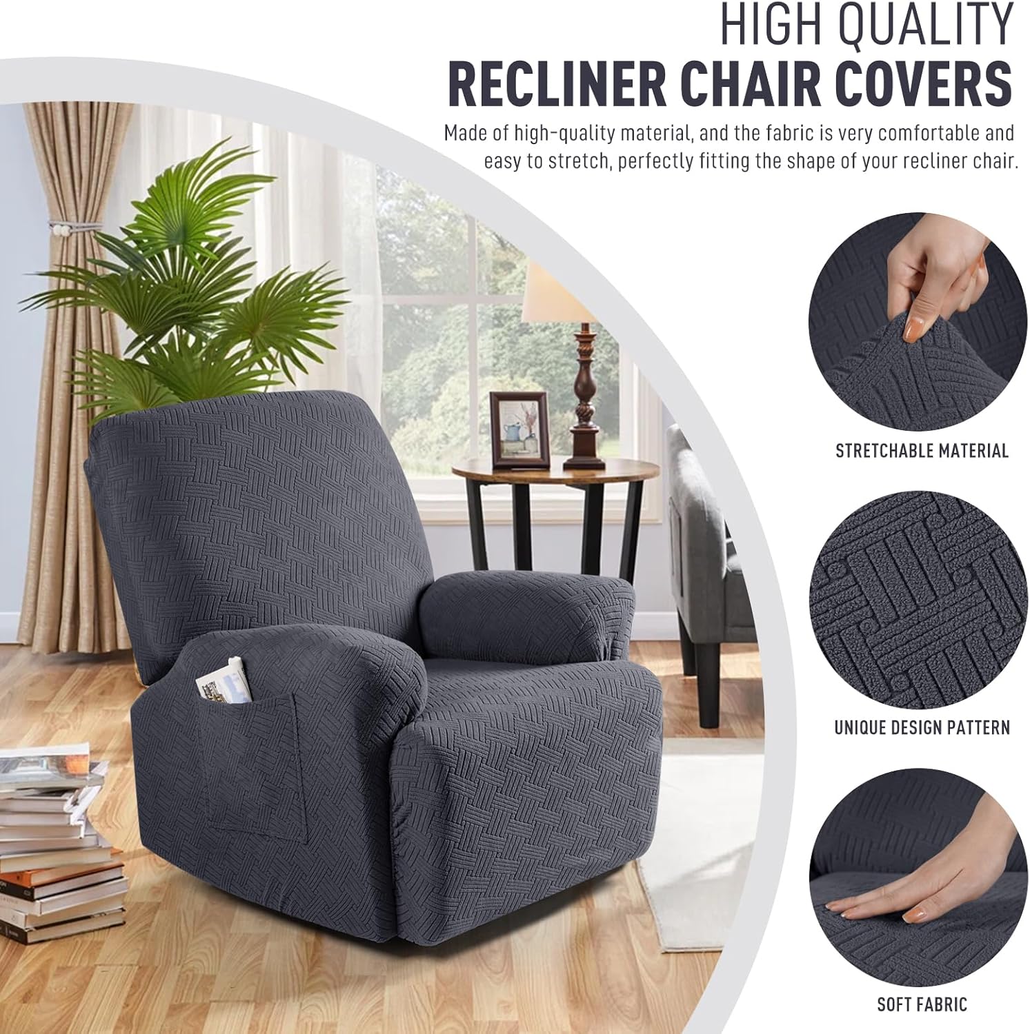Recliner Covers, Stretch Reclining Chair Covers, Recliner Sofa Slipcovers Stripe Jacquard Recliner Couch Covers Furniture Protector Covers for Pet Kid (1 Seater, Deep Gray) - Image 5