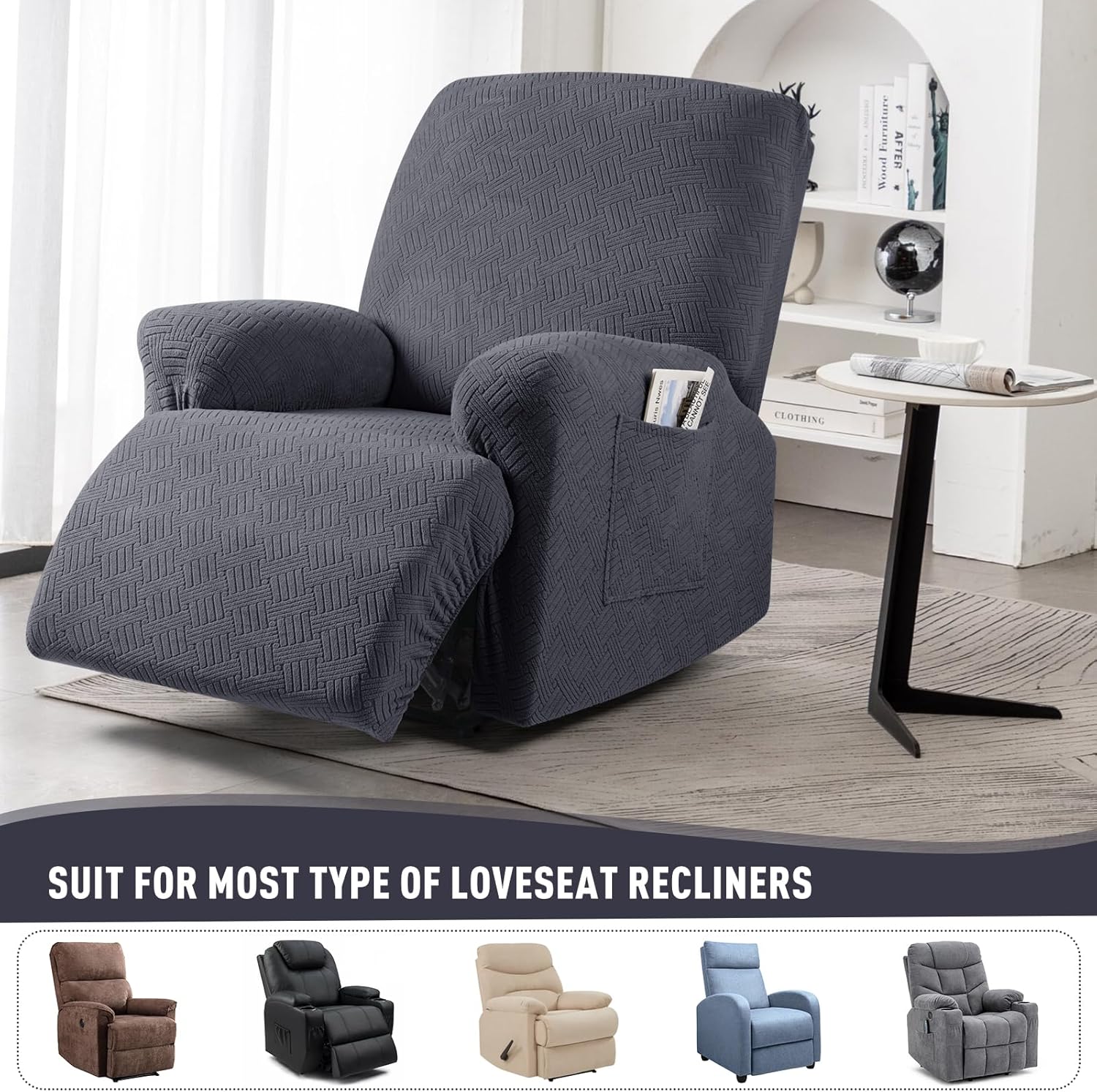 Recliner Covers, Stretch Reclining Chair Covers, Recliner Sofa Slipcovers Stripe Jacquard Recliner Couch Covers Furniture Protector Covers for Pet Kid (1 Seater, Deep Gray) - Image 7