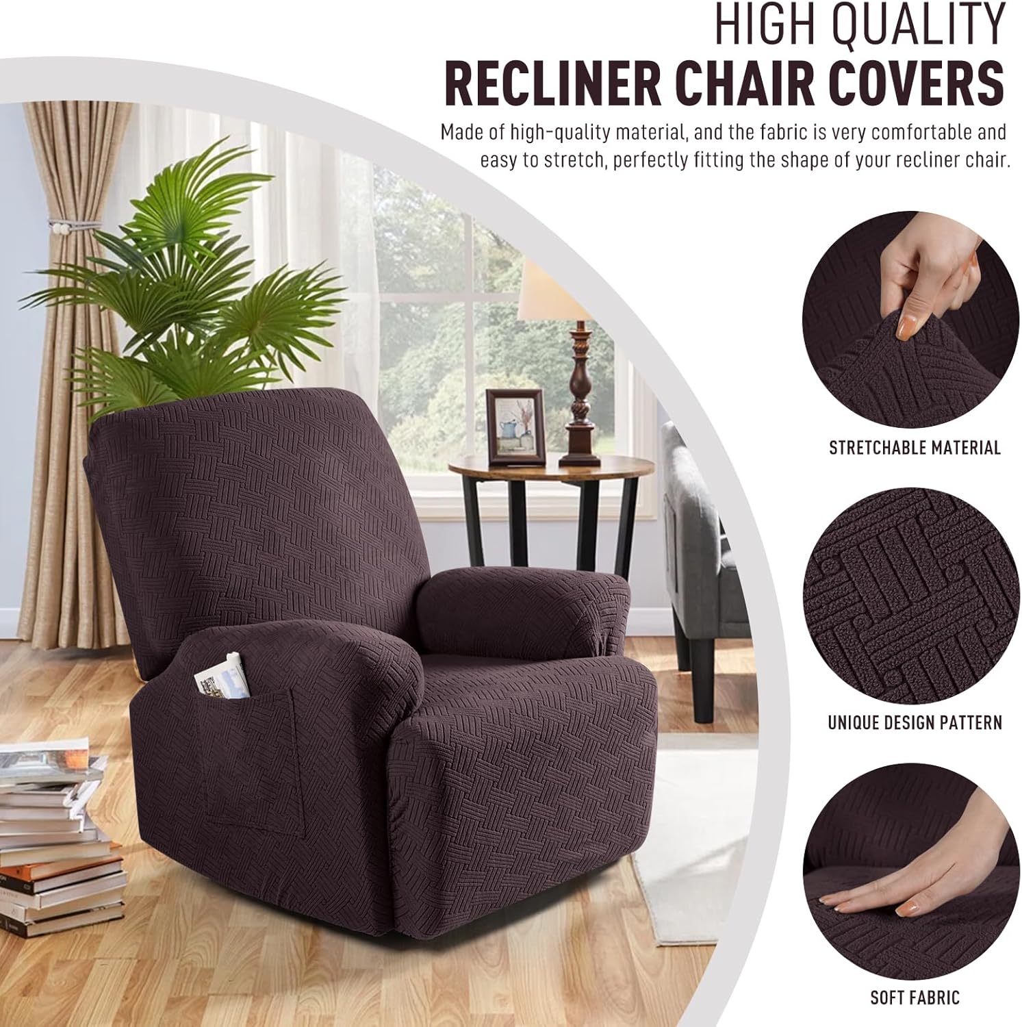 Recliner Covers, Stretch Reclining Chair Covers, Recliner Sofa Slipcovers Stripe Jacquard Recliner Couch Covers Furniture Protector Covers for Pet Kid (1 Seater, Dark Coffee) - Image 2