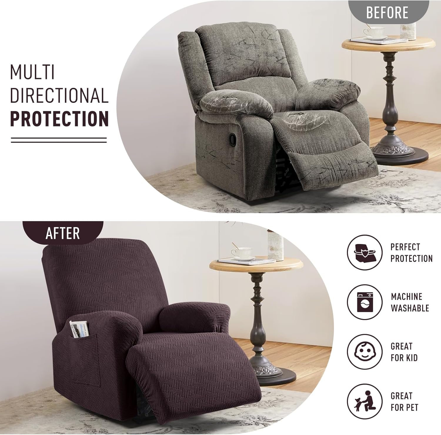 Recliner Covers, Stretch Reclining Chair Covers, Recliner Sofa Slipcovers Stripe Jacquard Recliner Couch Covers Furniture Protector Covers for Pet Kid (1 Seater, Dark Coffee) - Image 3