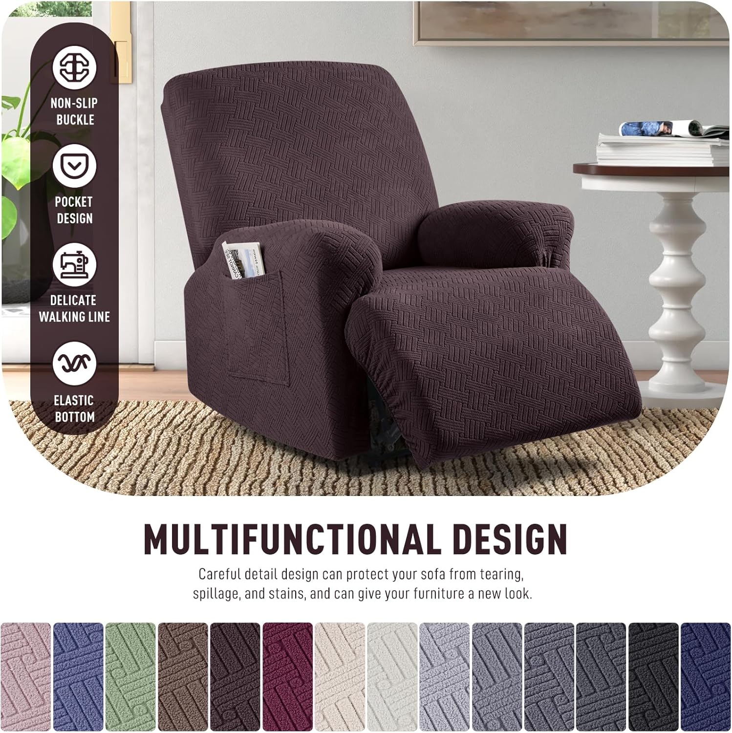 Recliner Covers, Stretch Reclining Chair Covers, Recliner Sofa Slipcovers Stripe Jacquard Recliner Couch Covers Furniture Protector Covers for Pet Kid (1 Seater, Dark Coffee) - Image 4