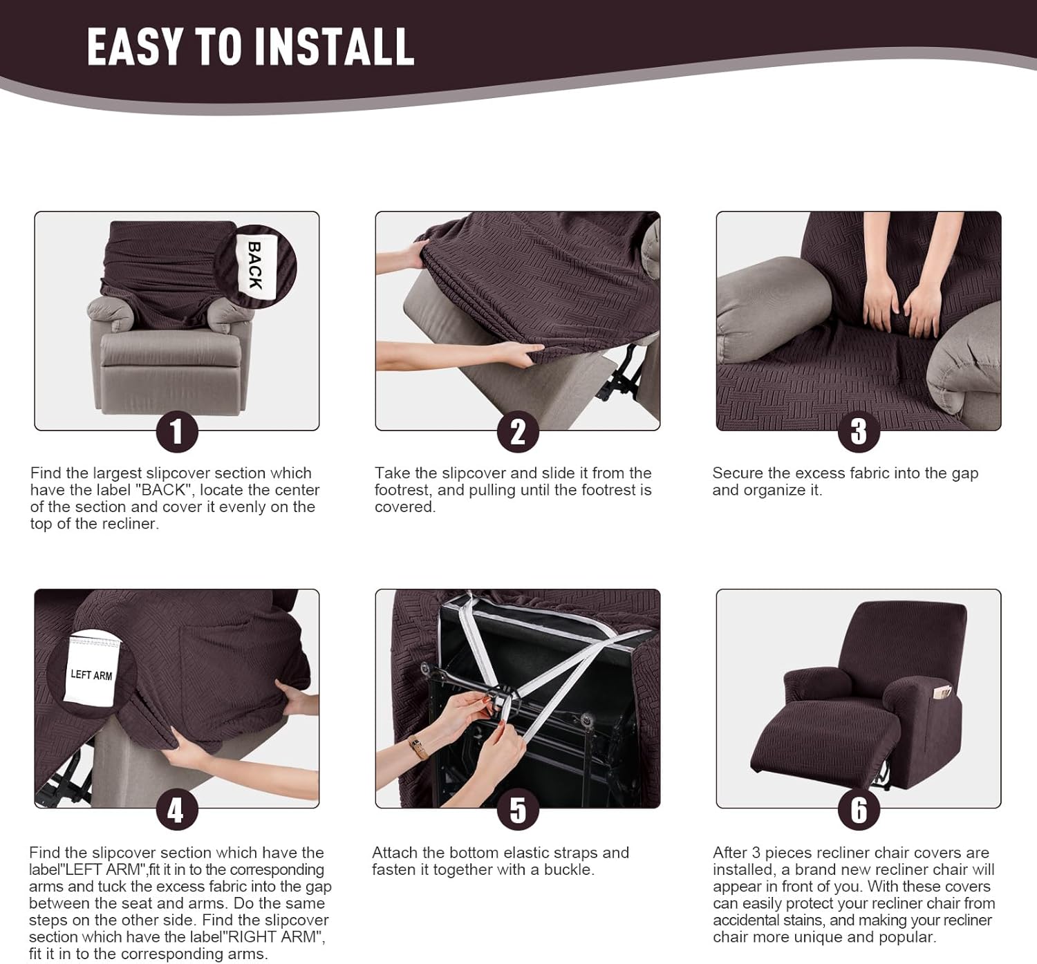 Recliner Covers, Stretch Reclining Chair Covers, Recliner Sofa Slipcovers Stripe Jacquard Recliner Couch Covers Furniture Protector Covers for Pet Kid (1 Seater, Dark Coffee) - Image 5