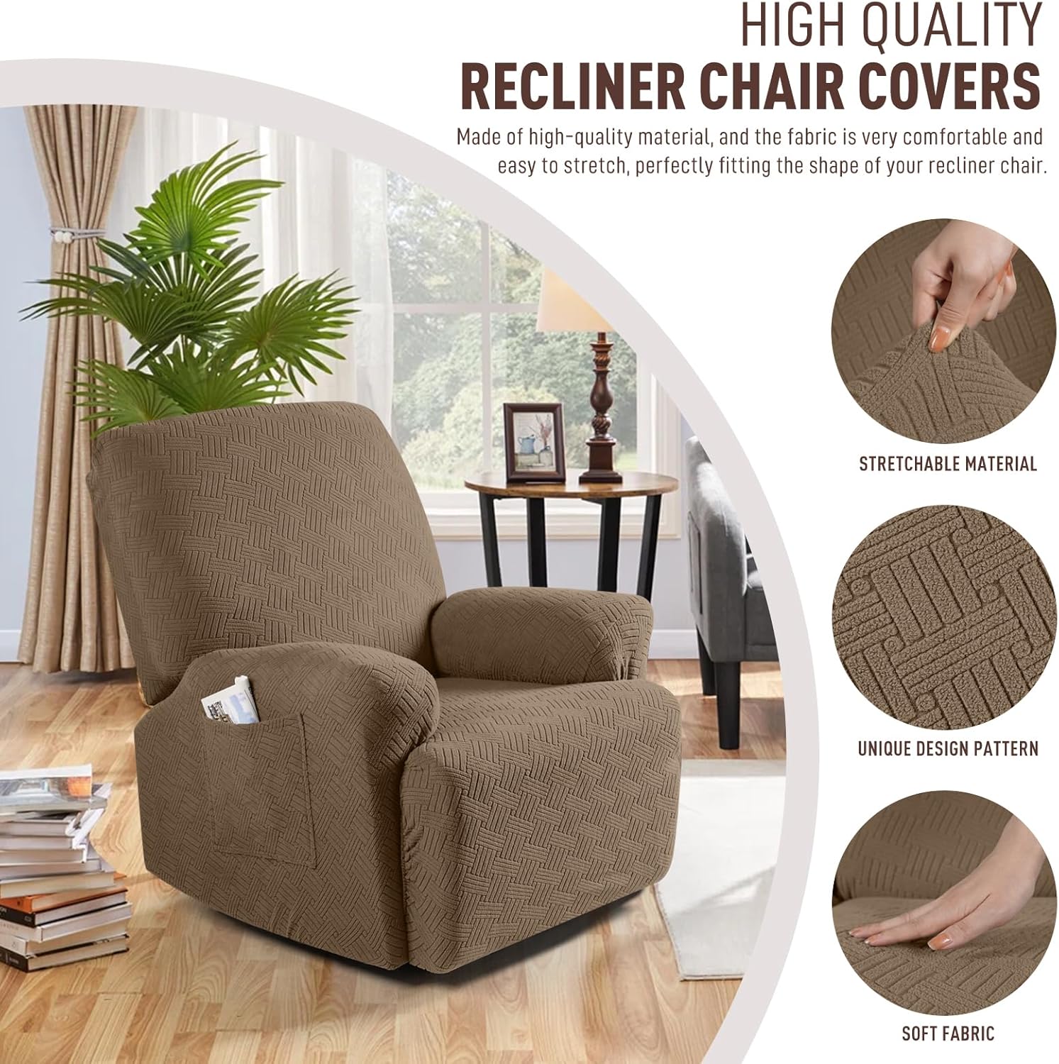 Recliner Covers, Stretch Reclining Chair Covers, Recliner Sofa Slipcovers Stripe Jacquard Recliner Couch Covers Furniture Protector Covers for Pet Kid (1 Seater, Light Coffee) - Image 2