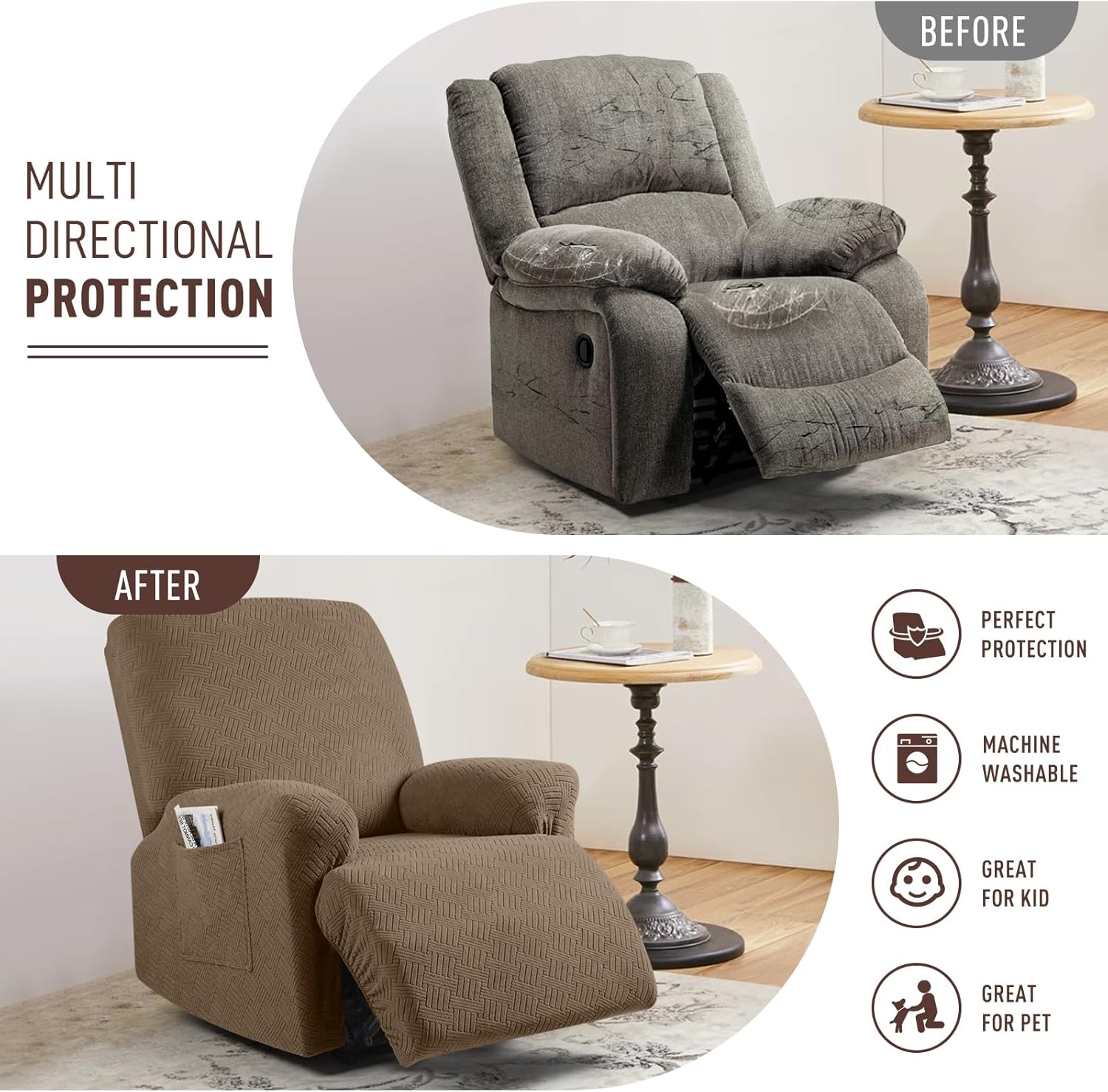 Recliner Covers, Stretch Reclining Chair Covers, Recliner Sofa Slipcovers Stripe Jacquard Recliner Couch Covers Furniture Protector Covers for Pet Kid (1 Seater, Light Coffee) - Image 3