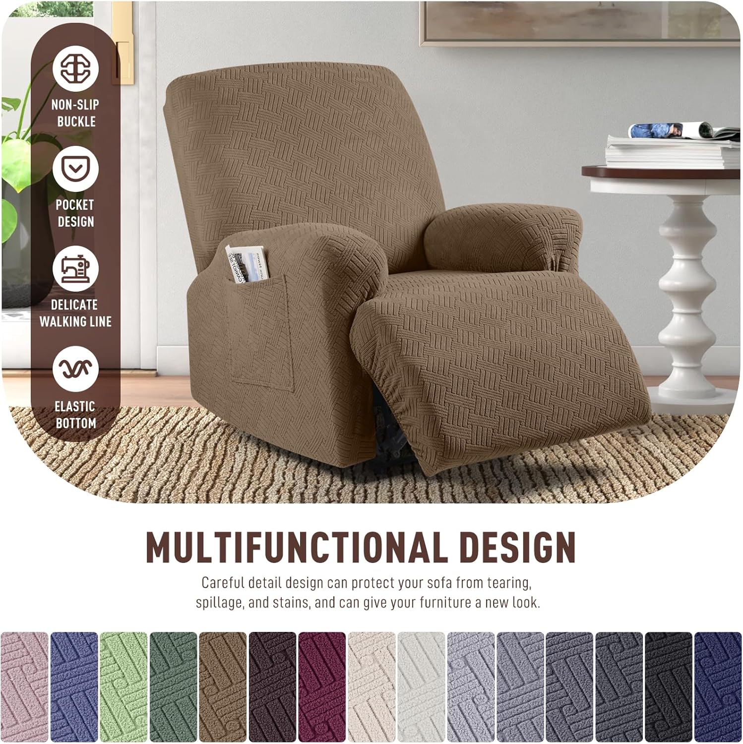 Recliner Covers, Stretch Reclining Chair Covers, Recliner Sofa Slipcovers Stripe Jacquard Recliner Couch Covers Furniture Protector Covers for Pet Kid (1 Seater, Light Coffee) - Image 4