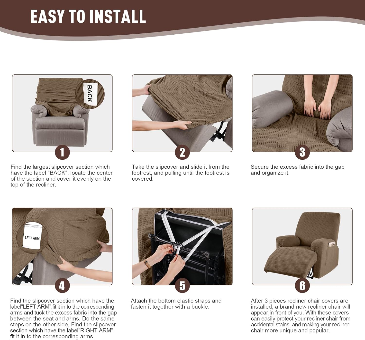 Recliner Covers, Stretch Reclining Chair Covers, Recliner Sofa Slipcovers Stripe Jacquard Recliner Couch Covers Furniture Protector Covers for Pet Kid (1 Seater, Light Coffee) - Image 5