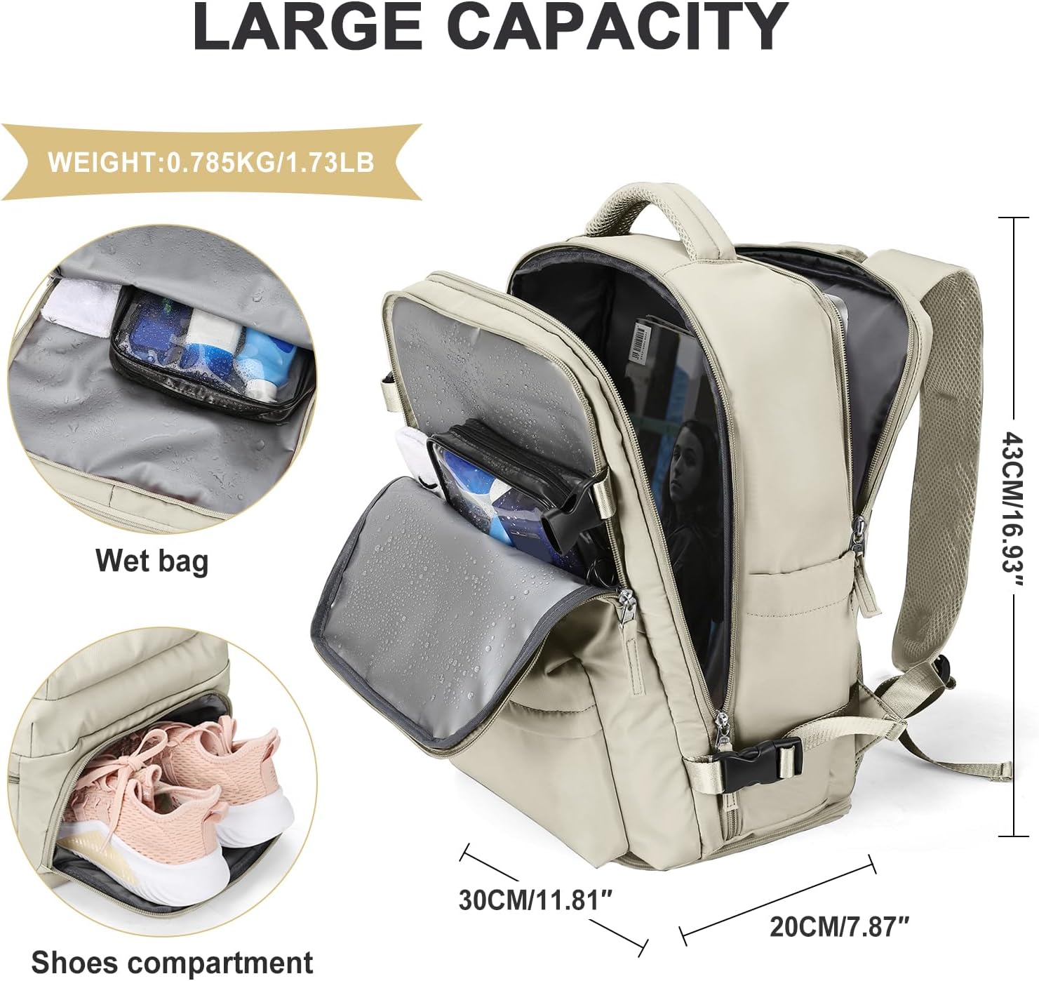 Cabin Bags for Travel, Underseat Carry on Hand Luggage Backpack for Women Airplane Approved Travel Backpack Personal Item Travel Bag 14 inch Laptop Backpack for Business Casual Work Beige - Image 3