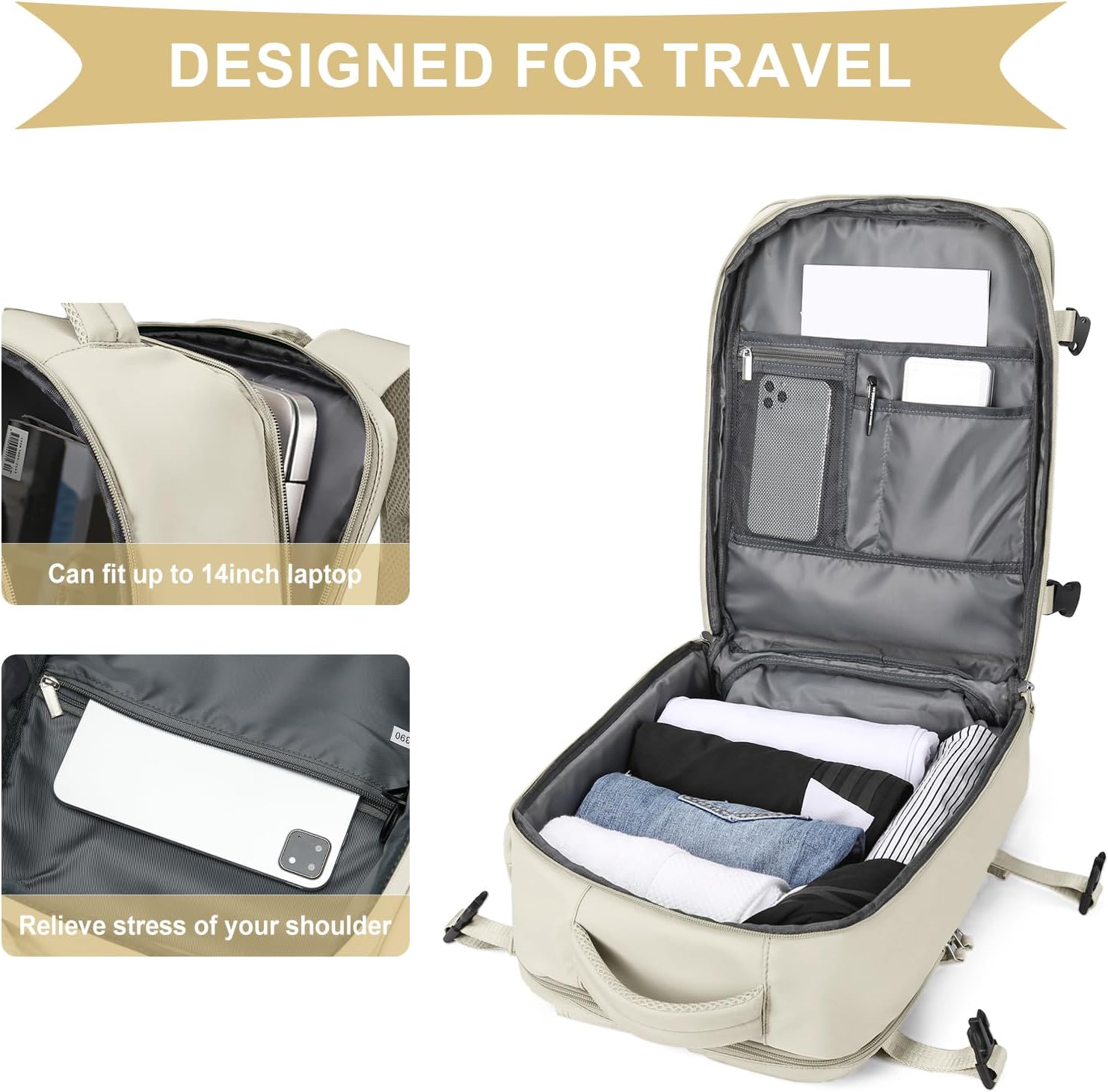 Cabin Bags for Travel, Underseat Carry on Hand Luggage Backpack for Women Airplane Approved Travel Backpack Personal Item Travel Bag 14 inch Laptop Backpack for Business Casual Work Beige - Image 4