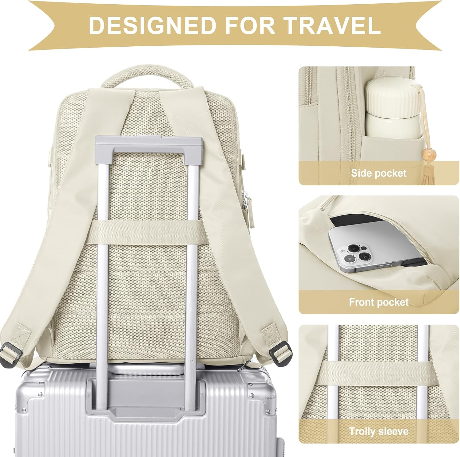 Cabin Bags for Travel, Underseat Carry on Hand Luggage Backpack for Women Airplane Approved Travel Backpack Personal Item Travel Bag 14 inch Laptop Backpack for Business Casual Work Beige - Image 5