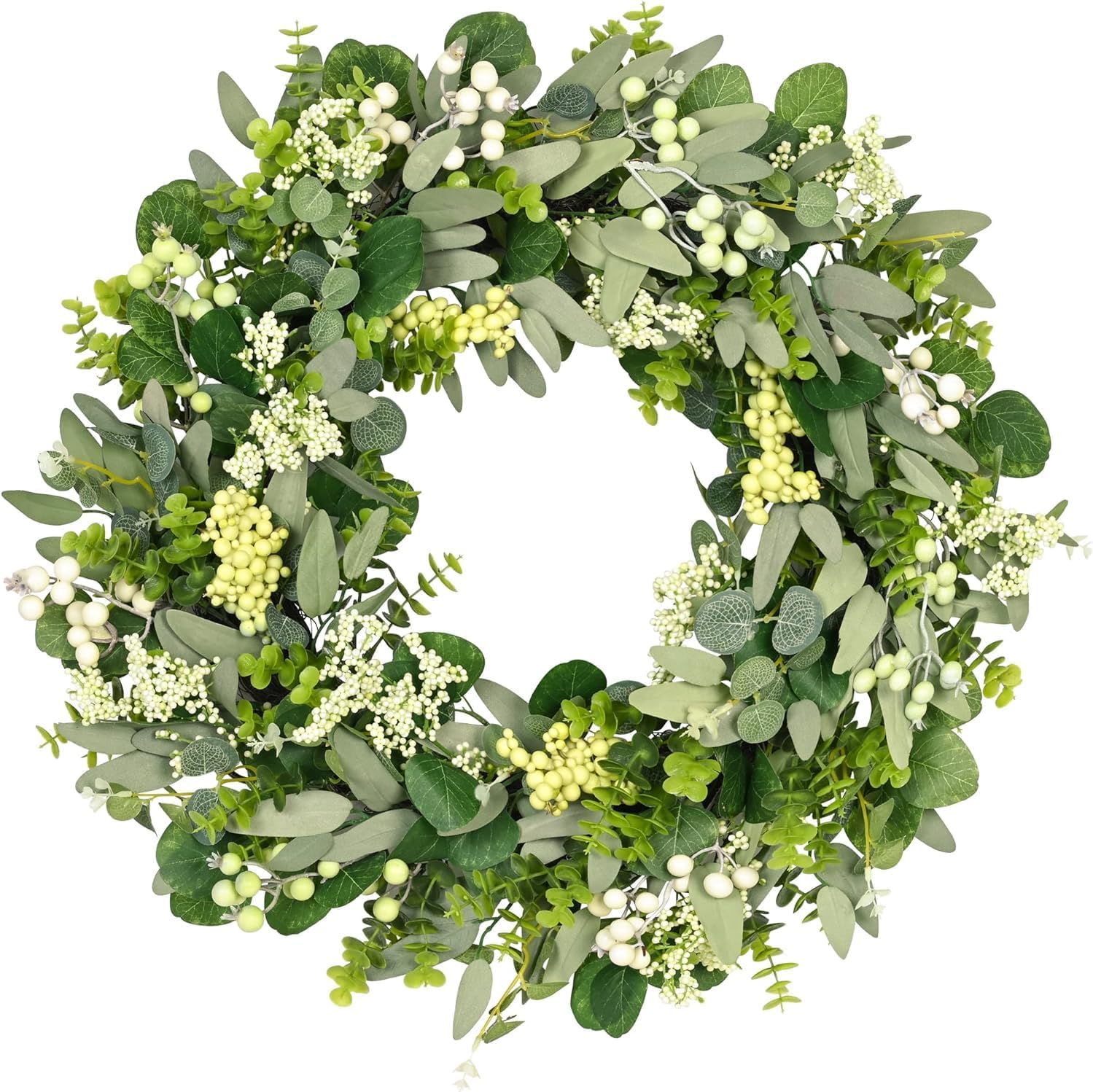 Green Eucalyptus Leaves Front Door Wreath,  24 Inch Artificial Spring Summer Greenery Wreath Front Door Decoration Boxwood with Big Berries Farmhouse Outdoor Year-Round - Indoor/Outdoor - Image 1