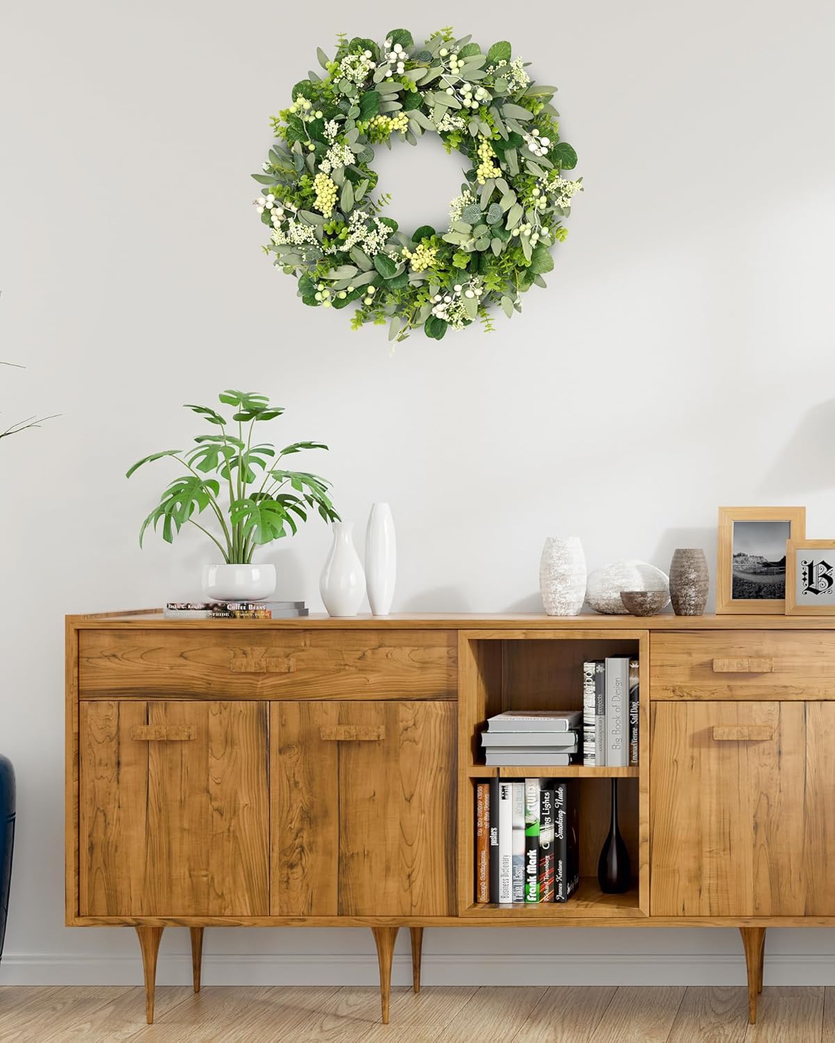 Green Eucalyptus Leaves Front Door Wreath,  24 Inch Artificial Spring Summer Greenery Wreath Front Door Decoration Boxwood with Big Berries Farmhouse Outdoor Year-Round - Indoor/Outdoor - Image 5