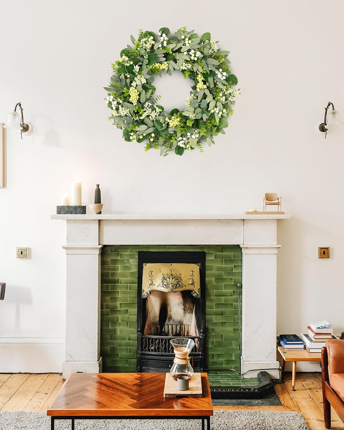 Green Eucalyptus Leaves Front Door Wreath,  24 Inch Artificial Spring Summer Greenery Wreath Front Door Decoration Boxwood with Big Berries Farmhouse Outdoor Year-Round - Indoor/Outdoor - Image 6