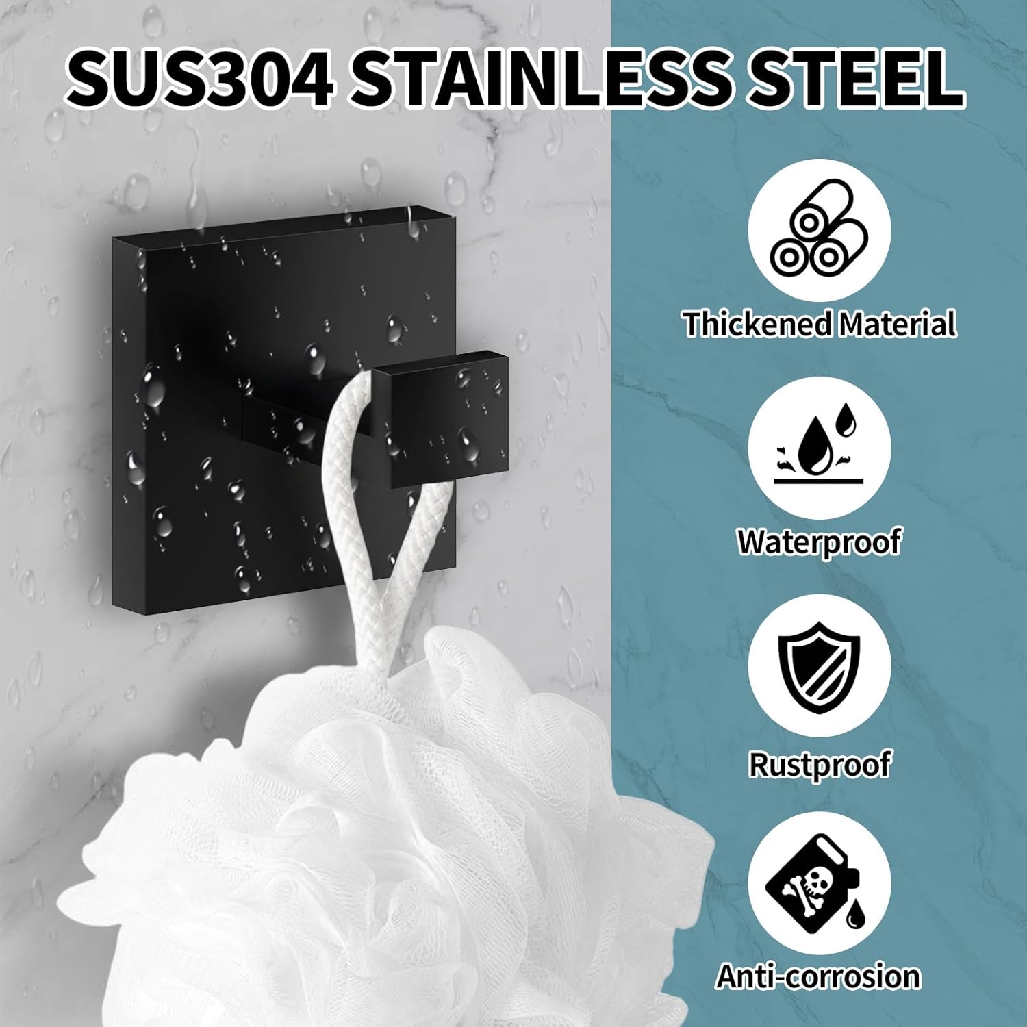 4 Pack Bathroom Towel Hooks, Screw-in Square Matte Black Wall Hooks Robe Hook, Anti-Rust SUS304 Stainless Steel Heavy-Duty Door Hanger Coat Hook, Sturdy for Bathroom/Bedroom/Kitchen/Hotel - Image 3