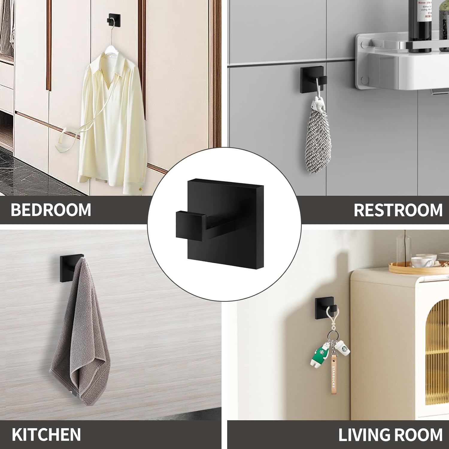 4 Pack Bathroom Towel Hooks, Screw-in Square Matte Black Wall Hooks Robe Hook, Anti-Rust SUS304 Stainless Steel Heavy-Duty Door Hanger Coat Hook, Sturdy for Bathroom/Bedroom/Kitchen/Hotel - Image 7