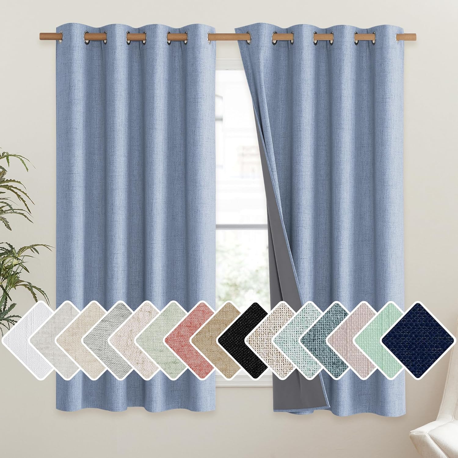 Stone Blue Vintage Linen 100% Blackout Curtains for Living Room,Thermal Insulated Curtains 63