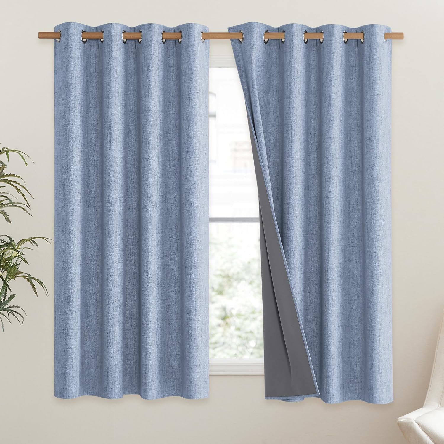 Stone Blue Vintage Linen 100% Blackout Curtains for Living Room,Thermal Insulated Curtains 63