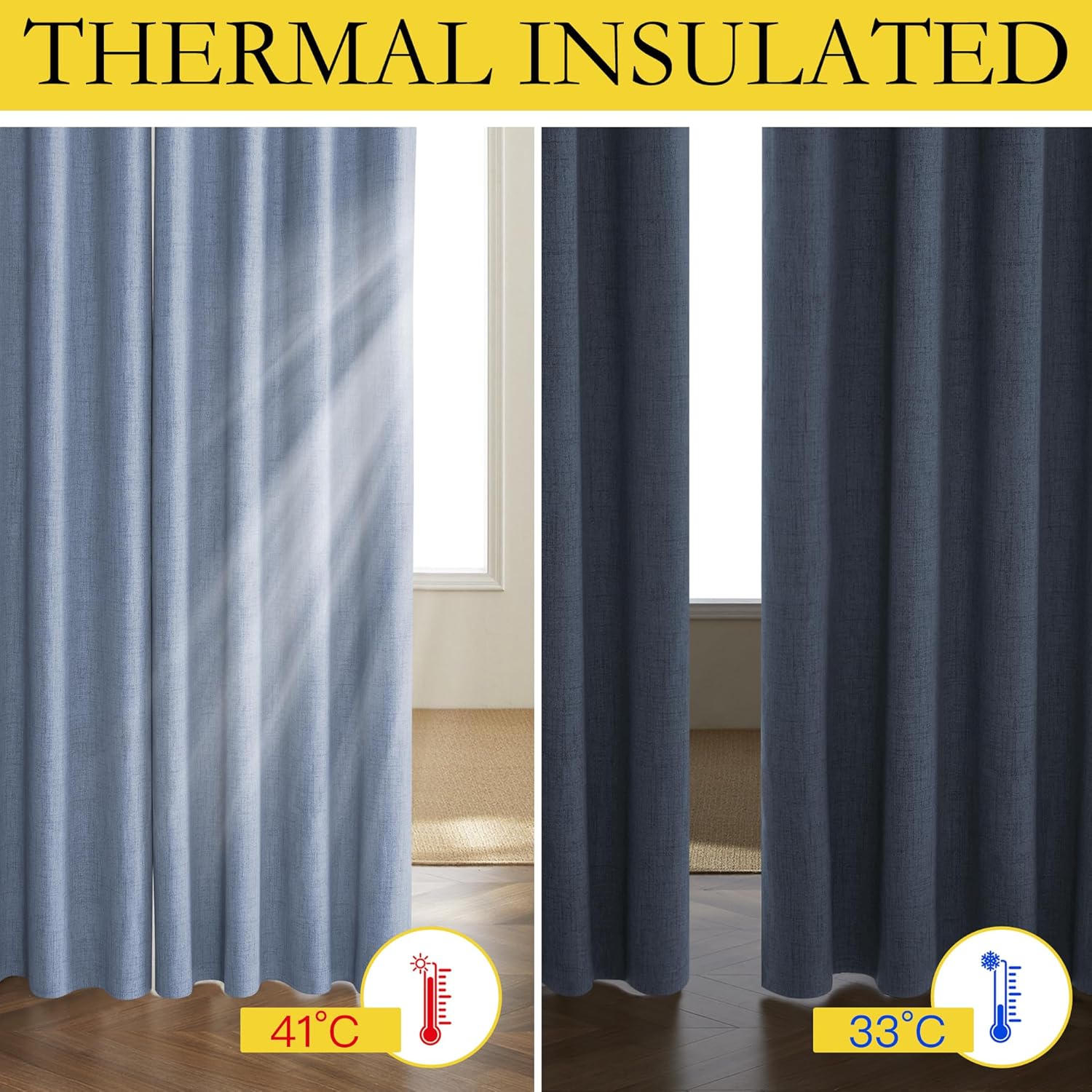 Stone Blue Vintage Linen 100% Blackout Curtains for Living Room,Thermal Insulated Curtains 63