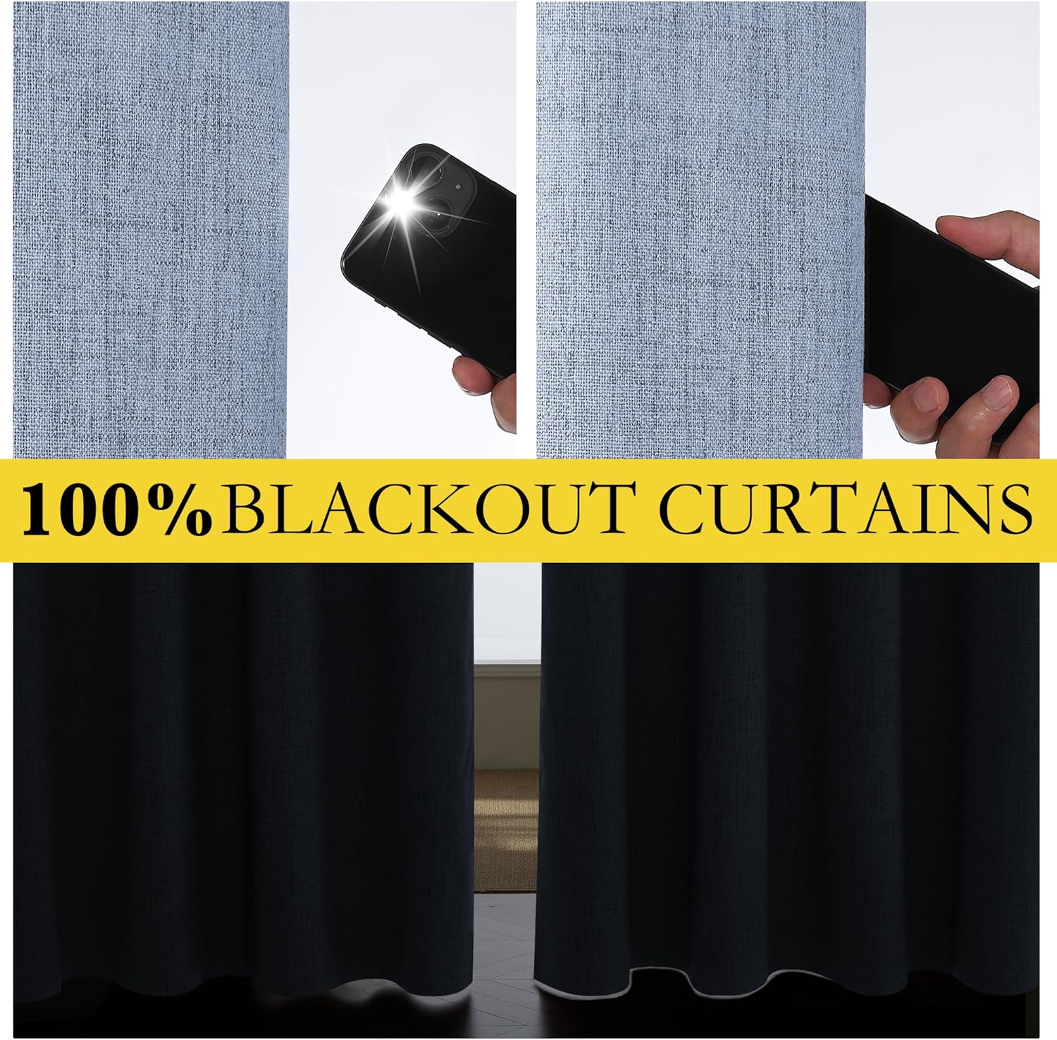 Stone Blue Vintage Linen 100% Blackout Curtains for Living Room,Thermal Insulated Curtains 63