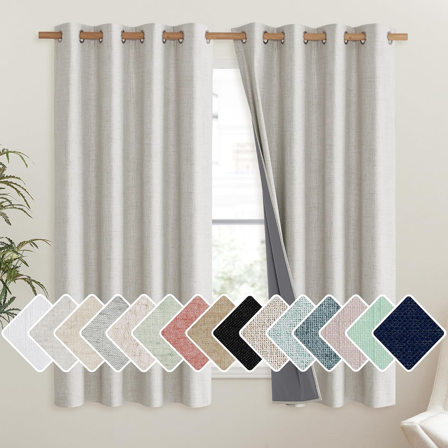 Snowbound Vintage Linen 100% Blackout Curtains for Living Room,Thermal Insulated Curtains 63