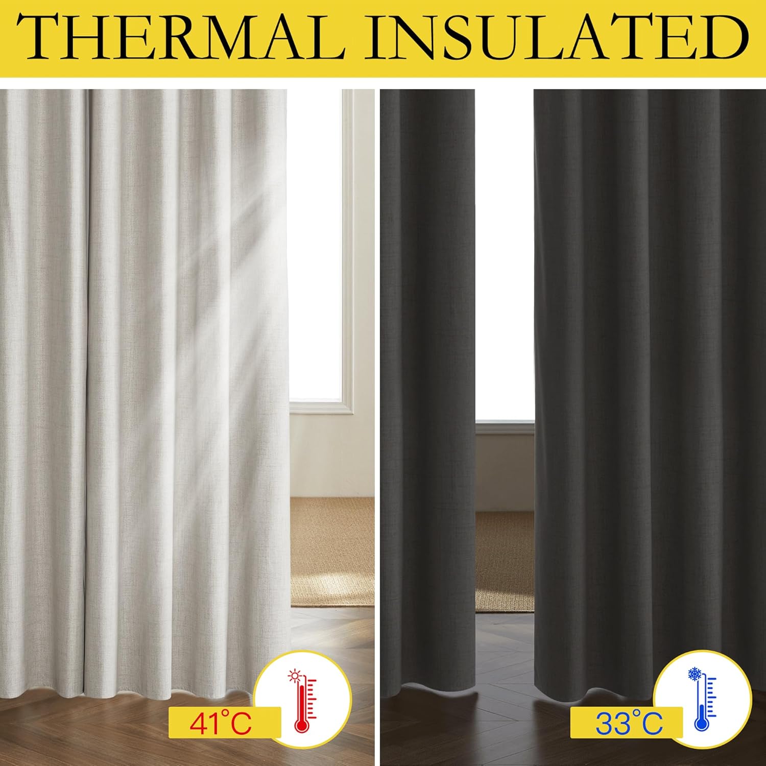 Snowbound Vintage Linen 100% Blackout Curtains for Living Room,Thermal Insulated Curtains 63