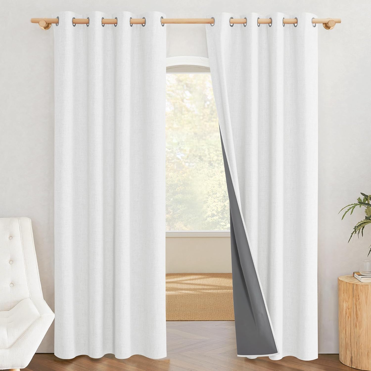 100% Absolutely Blackout Linen Curtains with Thermal Insulated White Liner,Greyish White,52