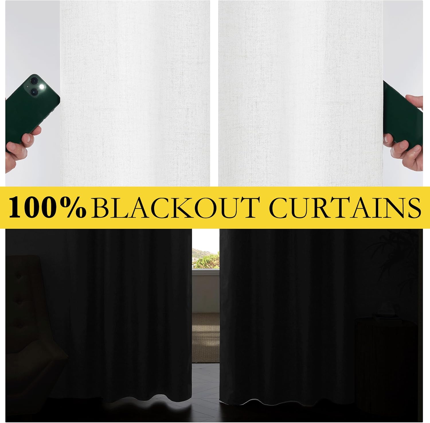 100% Absolutely Blackout Linen Curtains with Thermal Insulated White Liner,Greyish White,52