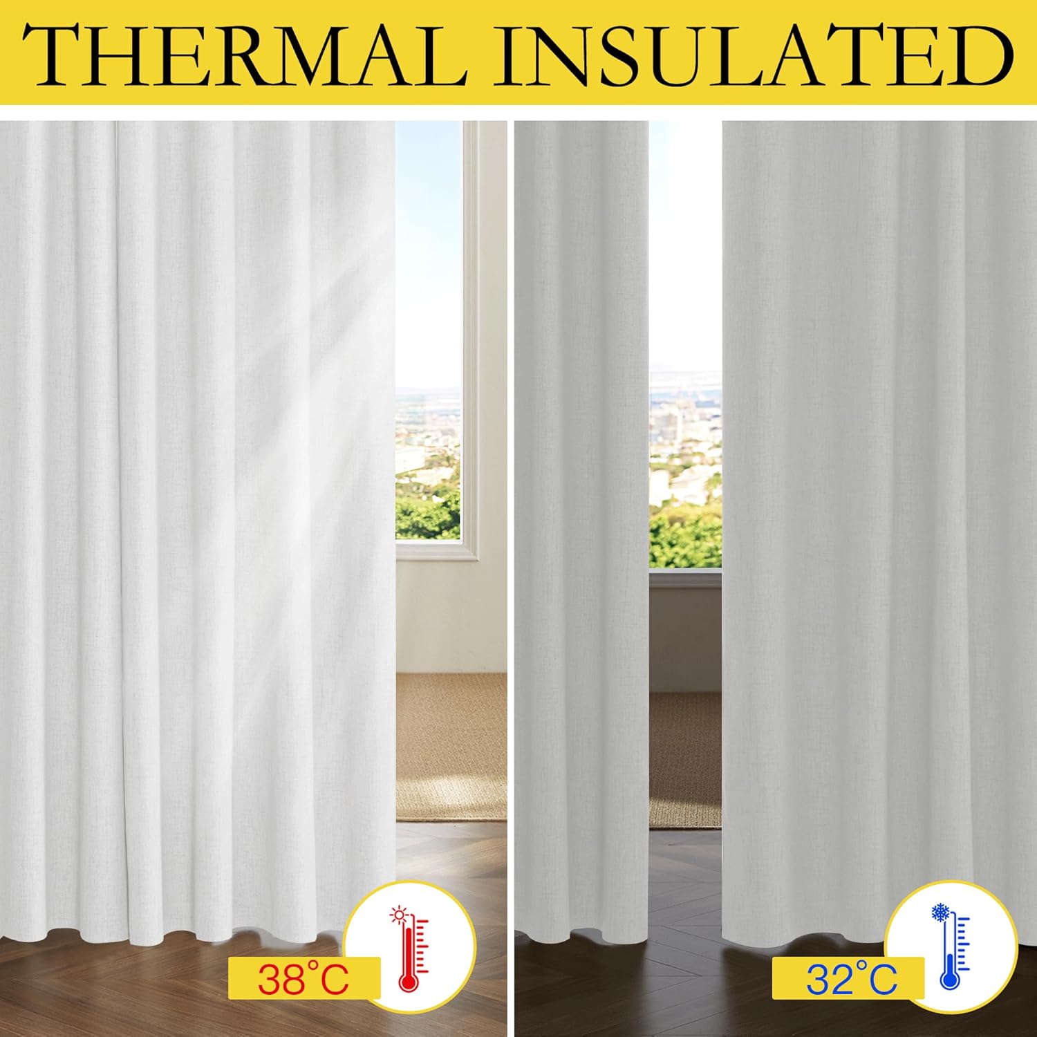 100% Absolutely Blackout Linen Curtains with Thermal Insulated White Liner,Greyish White,52