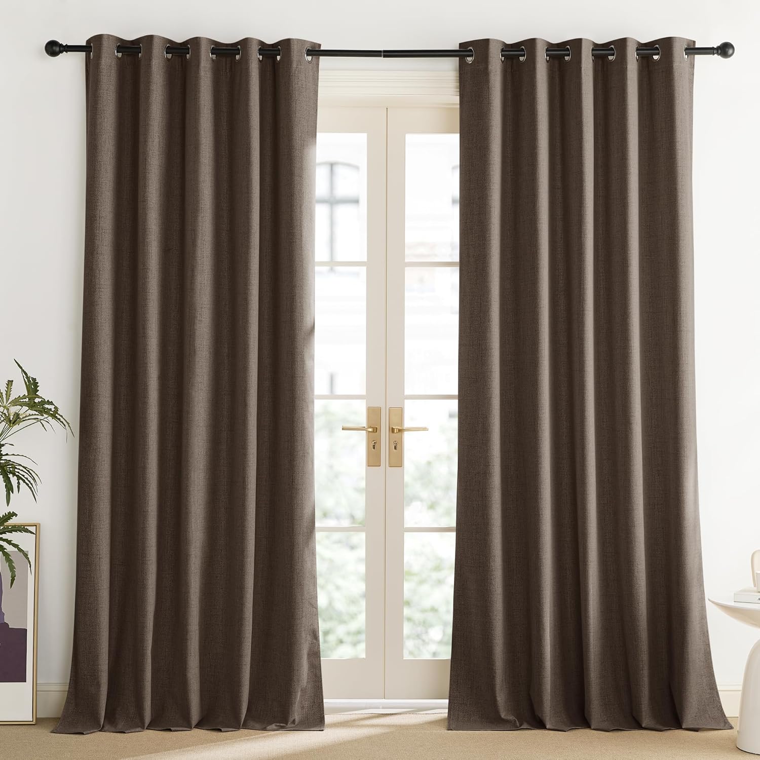 Coffee Vintage Linen 100% Blackout Curtains for Living Room, Thermal Insulated Curtains 95“ Long, Noise Reducing Window Treatment Drapes for Home Office, 62