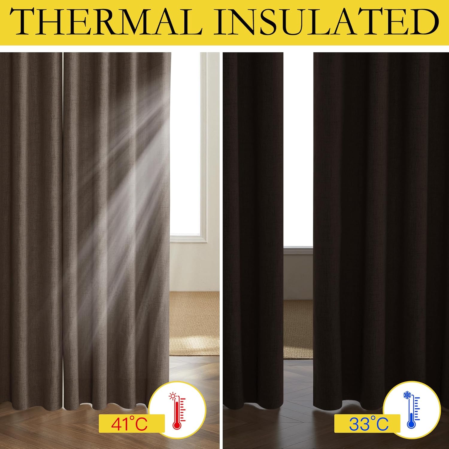 Coffee Vintage Linen 100% Blackout Curtains for Living Room, Thermal Insulated Curtains 95“ Long, Noise Reducing Window Treatment Drapes for Home Office, 62
