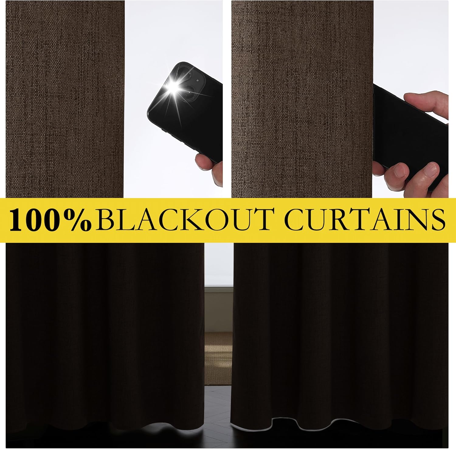 Coffee Vintage Linen 100% Blackout Curtains for Living Room, Thermal Insulated Curtains 95“ Long, Noise Reducing Window Treatment Drapes for Home Office, 62