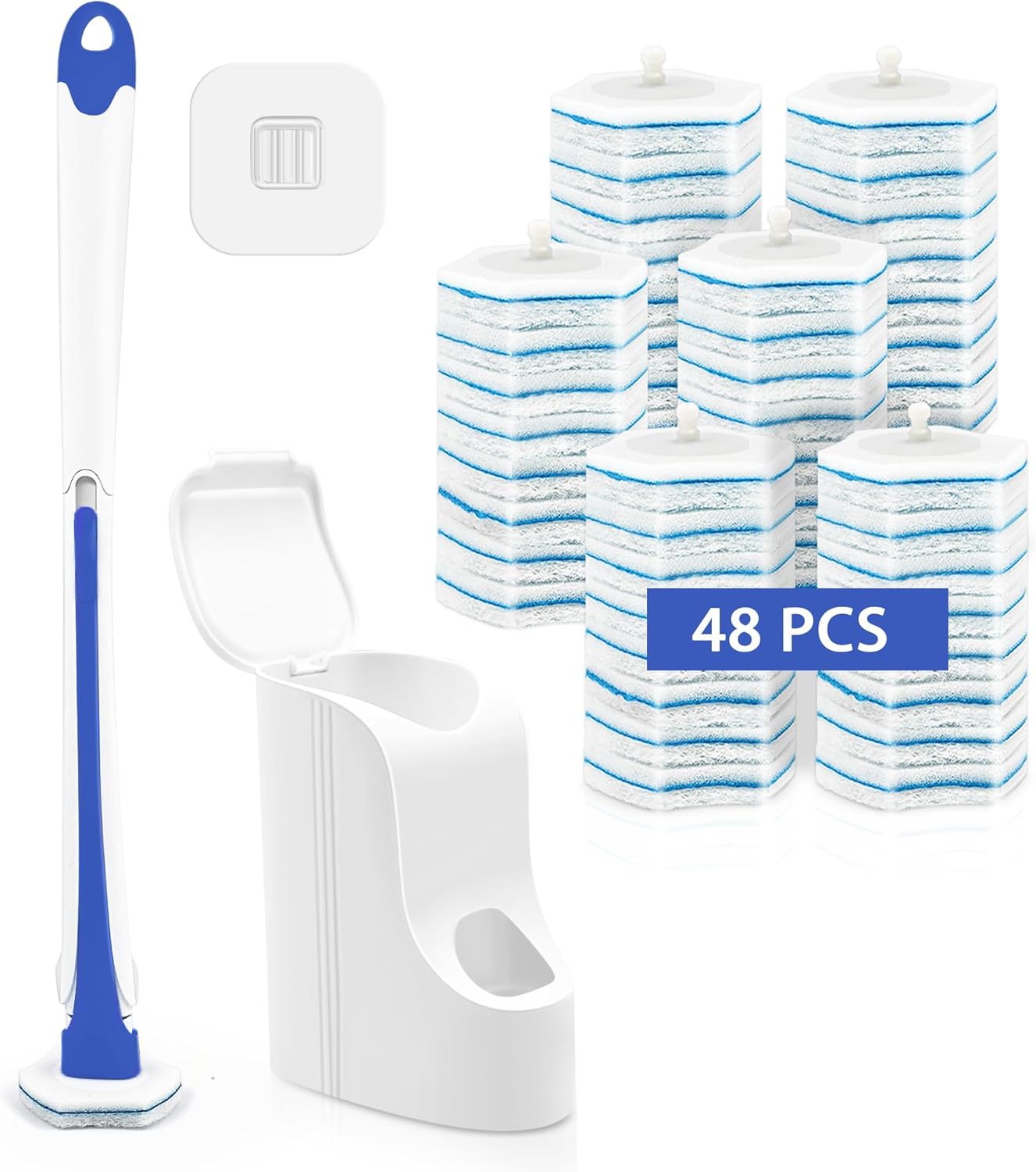 Disposable Toilet Brush with 48PCS Wand Cleaner Refills, Wall Mounted Toilet Bowl Brush Holder Set, Bathroom Cleaning System for Sink Bathtub Wash Basin (Blue) - Image 1
