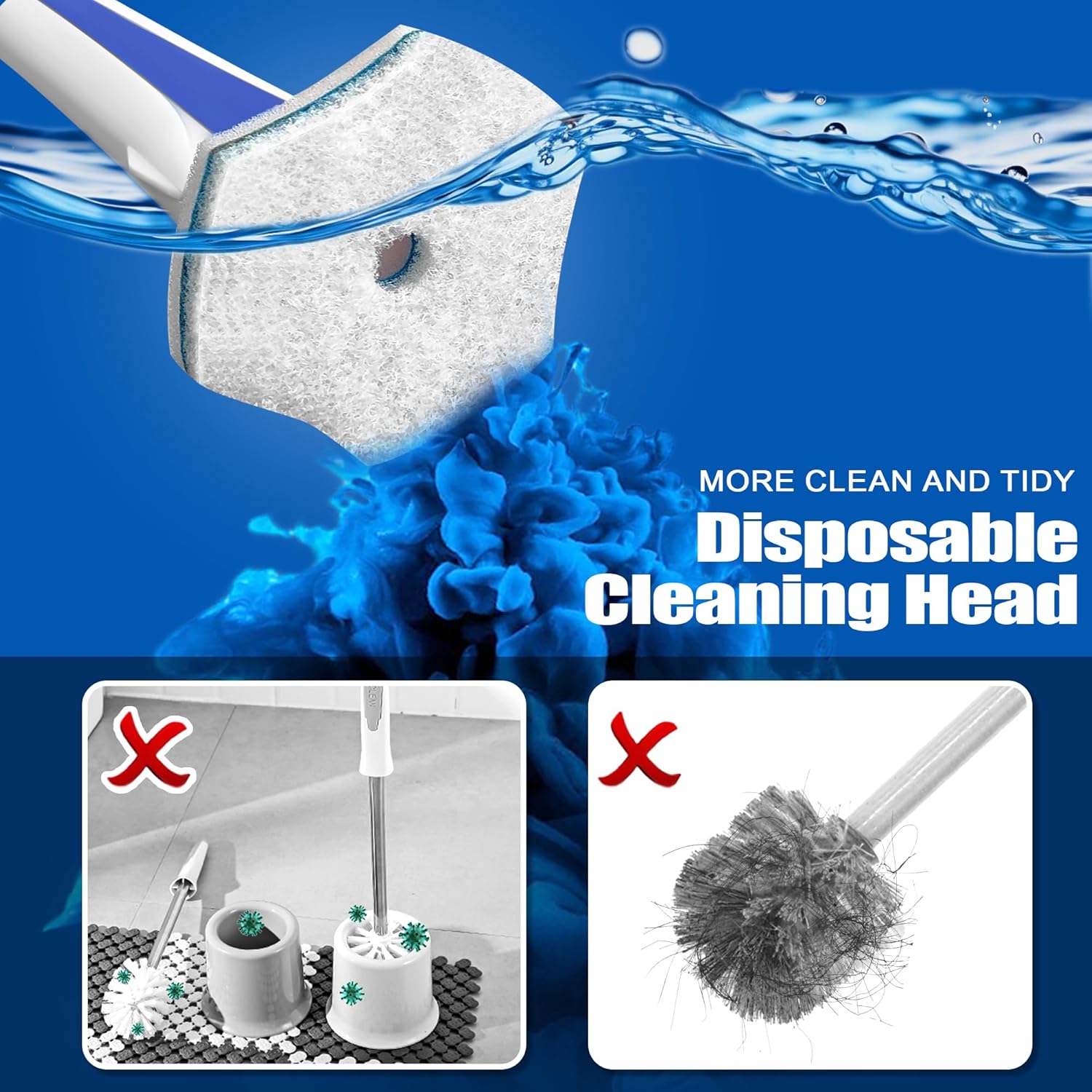Disposable Toilet Brush with 48PCS Wand Cleaner Refills, Wall Mounted Toilet Bowl Brush Holder Set, Bathroom Cleaning System for Sink Bathtub Wash Basin (Blue) - Image 2