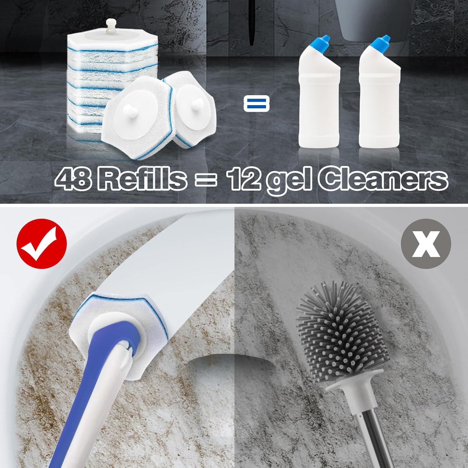 Disposable Toilet Brush with 48PCS Wand Cleaner Refills, Wall Mounted Toilet Bowl Brush Holder Set, Bathroom Cleaning System for Sink Bathtub Wash Basin (Blue) - Image 4