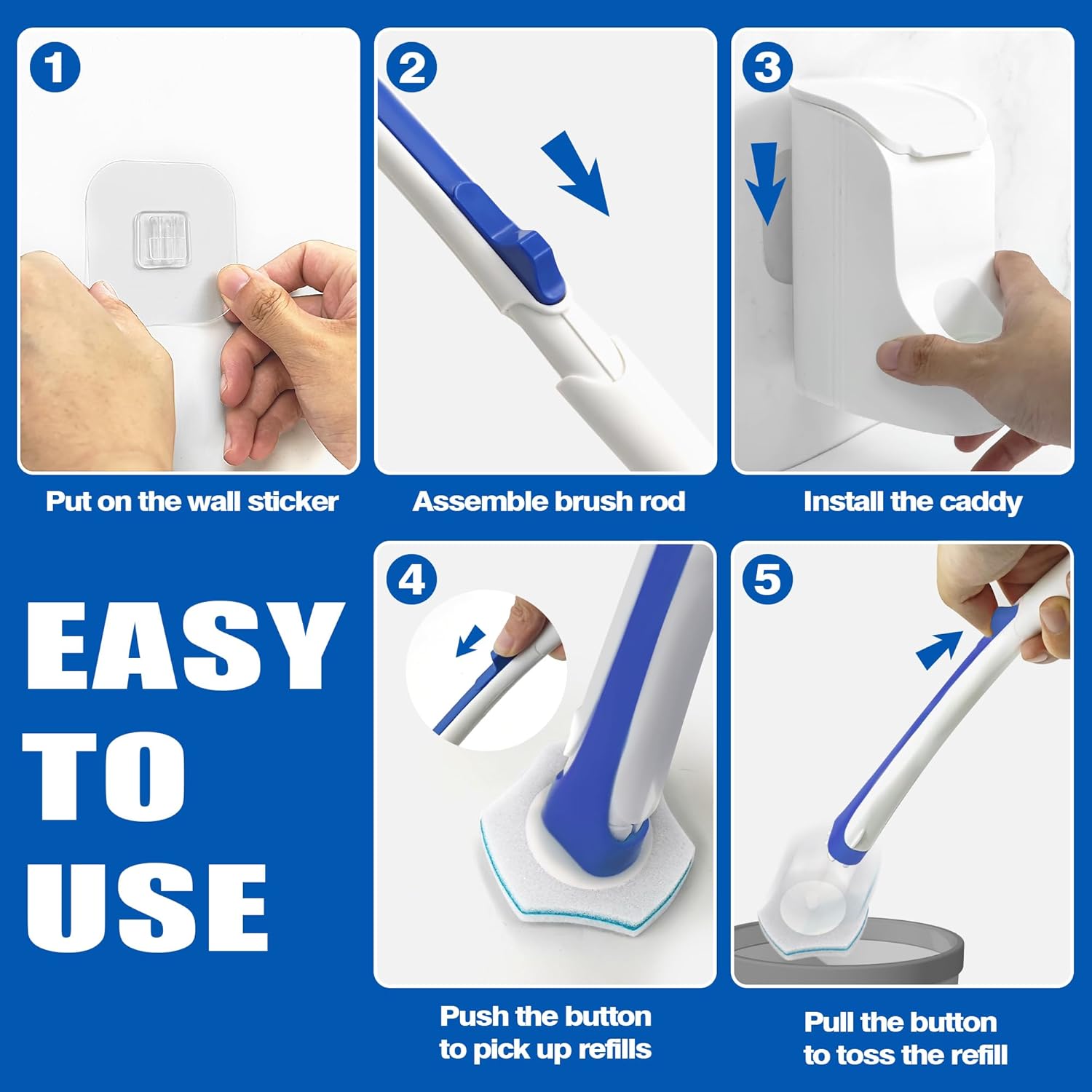 Disposable Toilet Brush with 48PCS Wand Cleaner Refills, Wall Mounted Toilet Bowl Brush Holder Set, Bathroom Cleaning System for Sink Bathtub Wash Basin (Blue) - Image 5