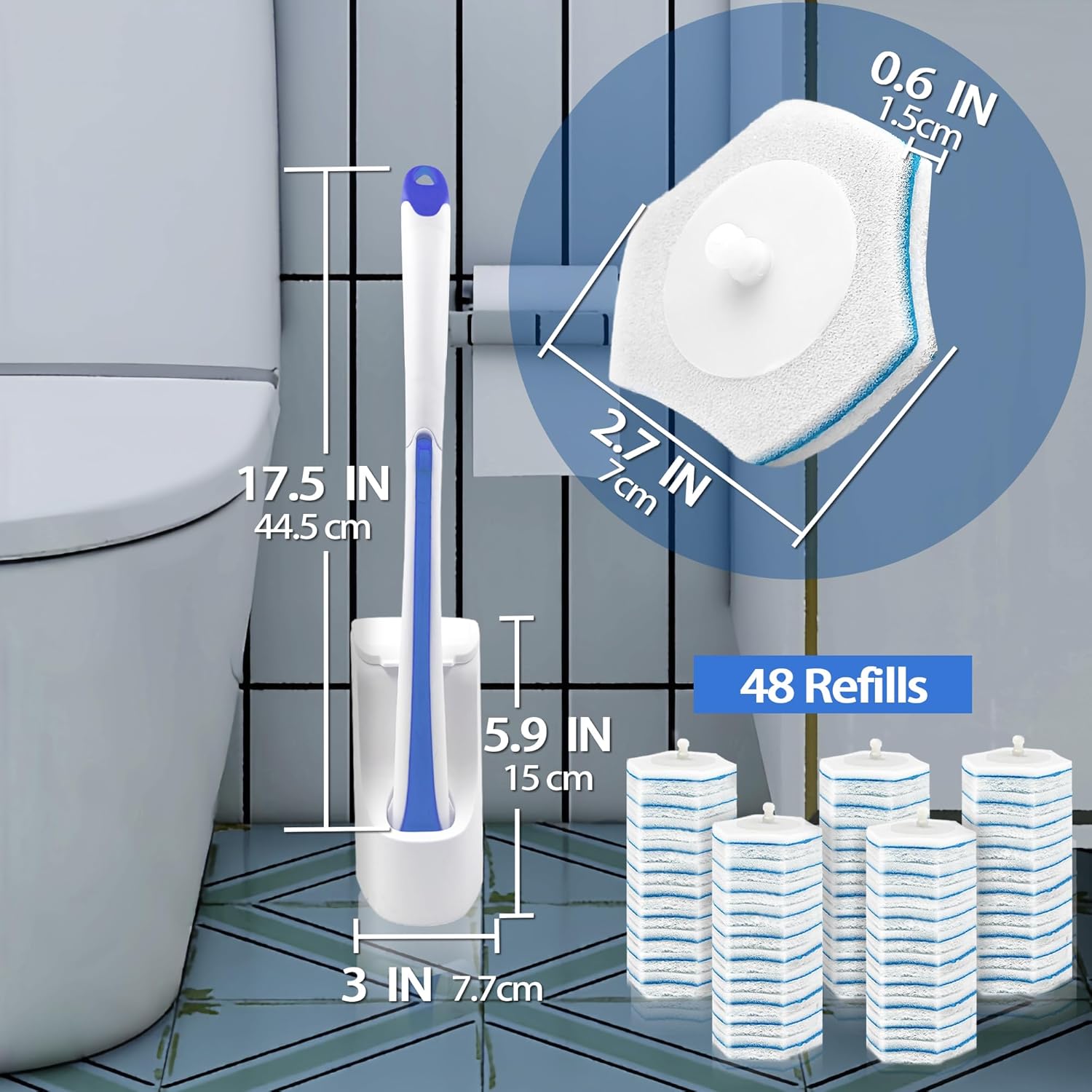 Disposable Toilet Brush with 48PCS Wand Cleaner Refills, Wall Mounted Toilet Bowl Brush Holder Set, Bathroom Cleaning System for Sink Bathtub Wash Basin (Blue) - Image 6