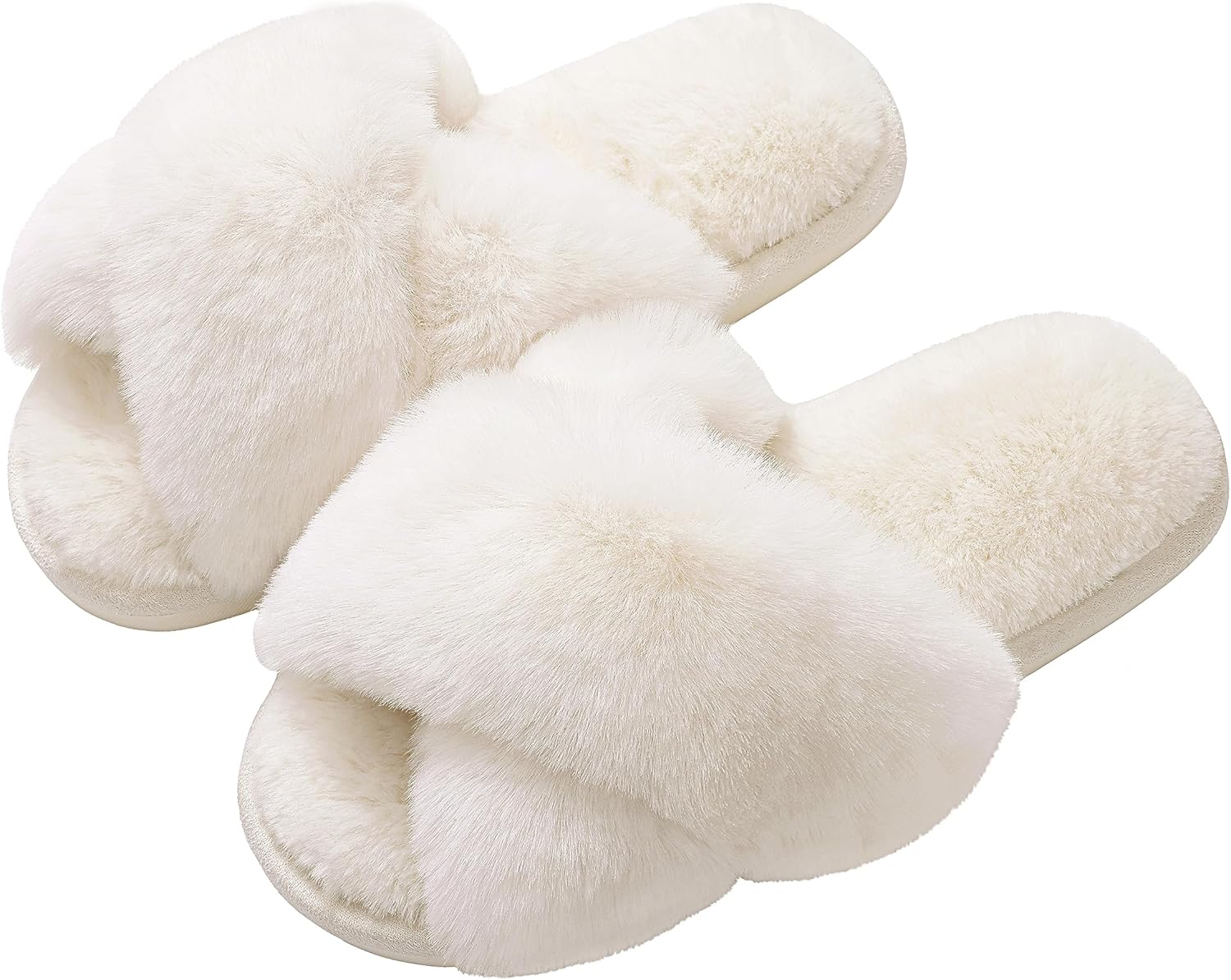 Women's Fuzzy Slippers Cross Band Memory Foam House Slippers Open Toe - Image 1