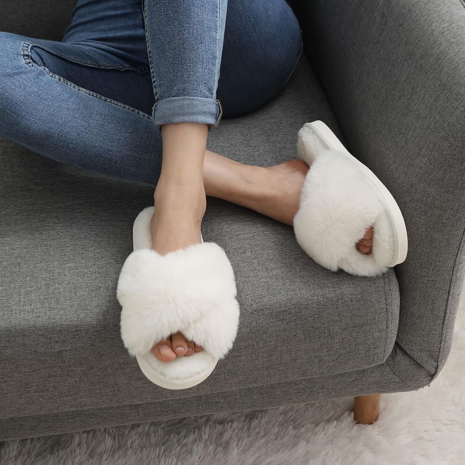 Women's Fuzzy Slippers Cross Band Memory Foam House Slippers Open Toe - Image 2