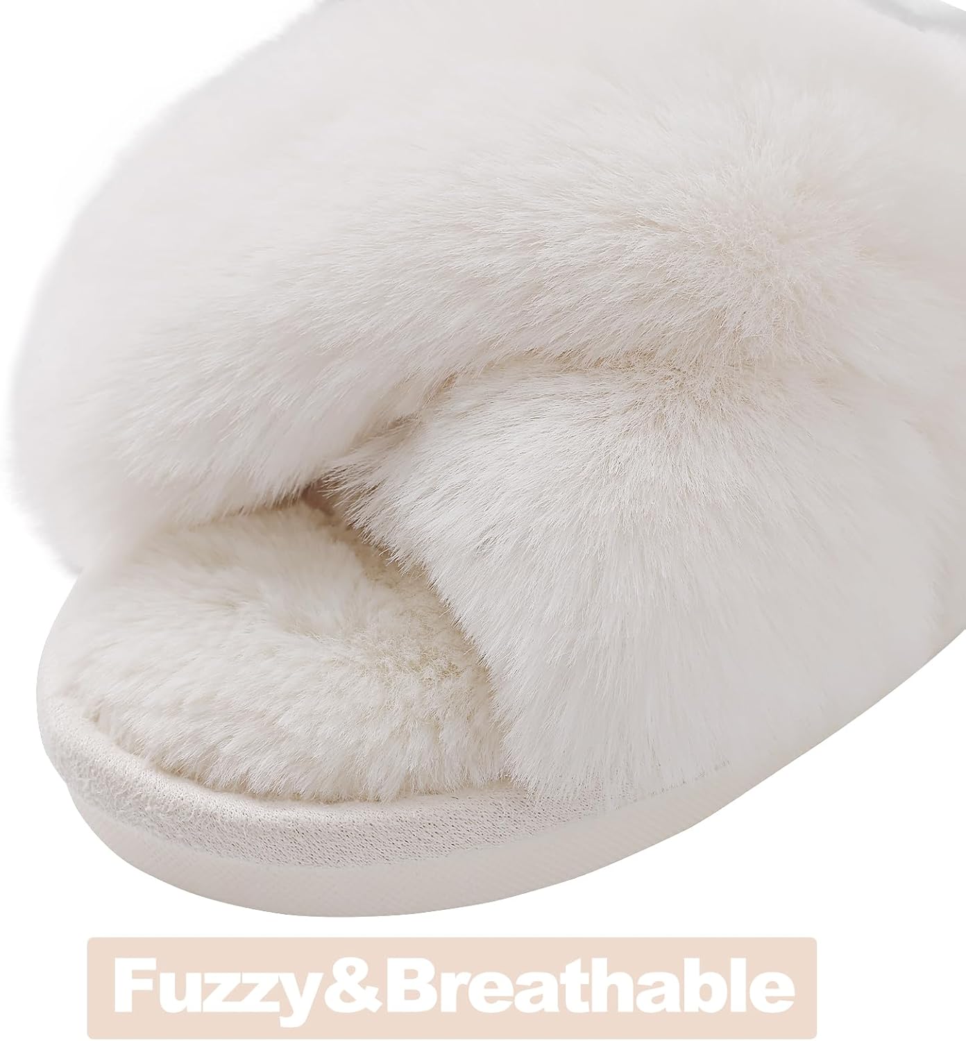 Women's Fuzzy Slippers Cross Band Memory Foam House Slippers Open Toe - Image 3