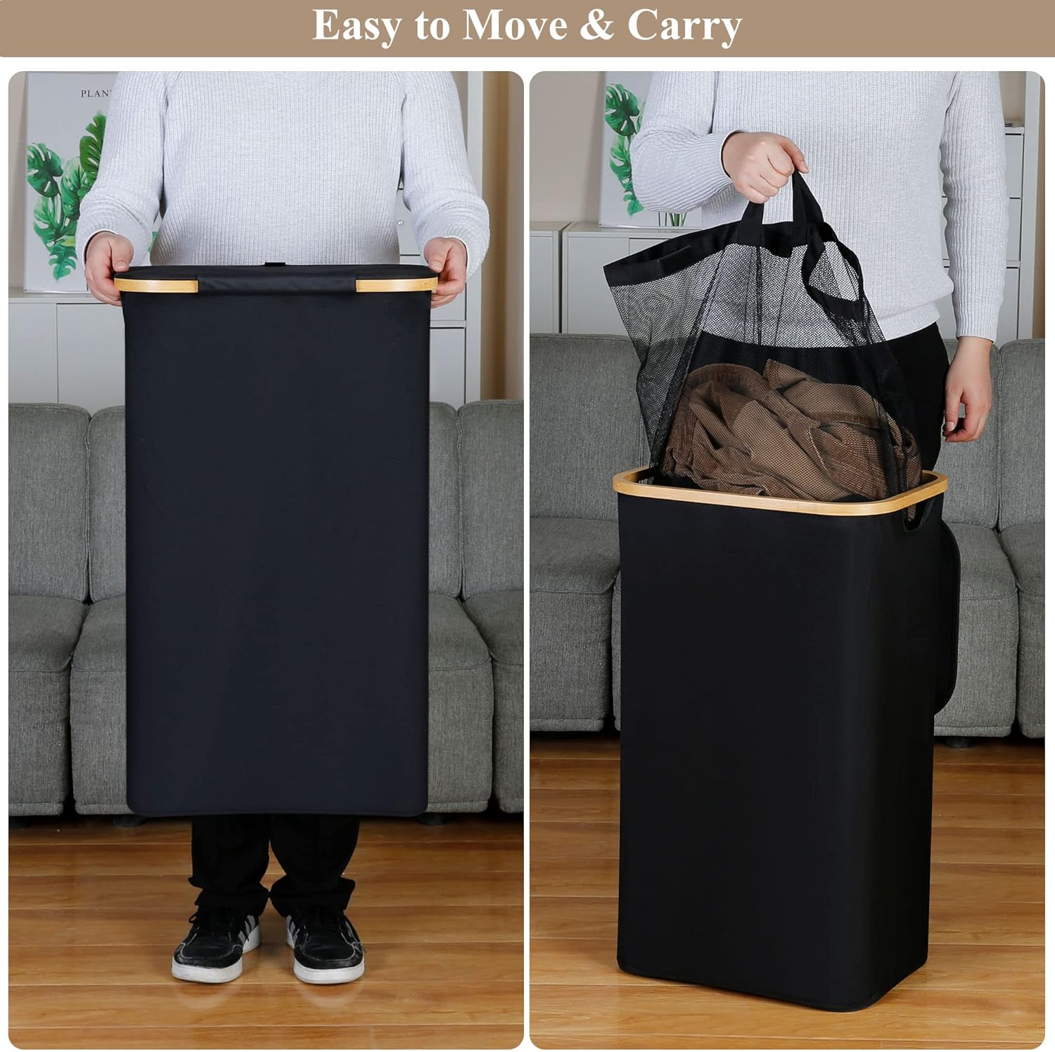 Laundry Hamper with Lid - Waterproof Freestanding Laundry Basket with Removable Liner Bag, Collapsible 110L Large Clothes Storage Laundry Bin with Easy Carry Bamboo Handle for Clothes Toys Organizer - Image 2
