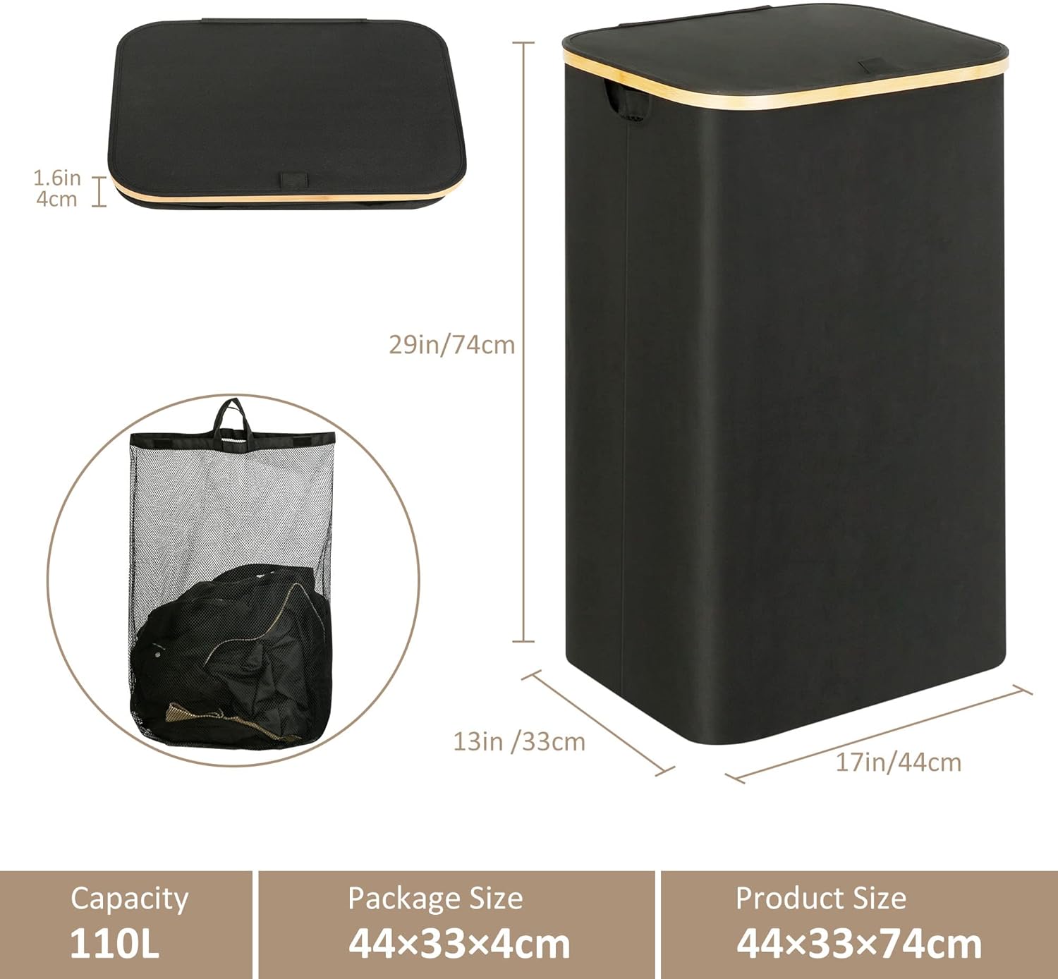 Laundry Hamper with Lid - Waterproof Freestanding Laundry Basket with Removable Liner Bag, Collapsible 110L Large Clothes Storage Laundry Bin with Easy Carry Bamboo Handle for Clothes Toys Organizer - Image 3
