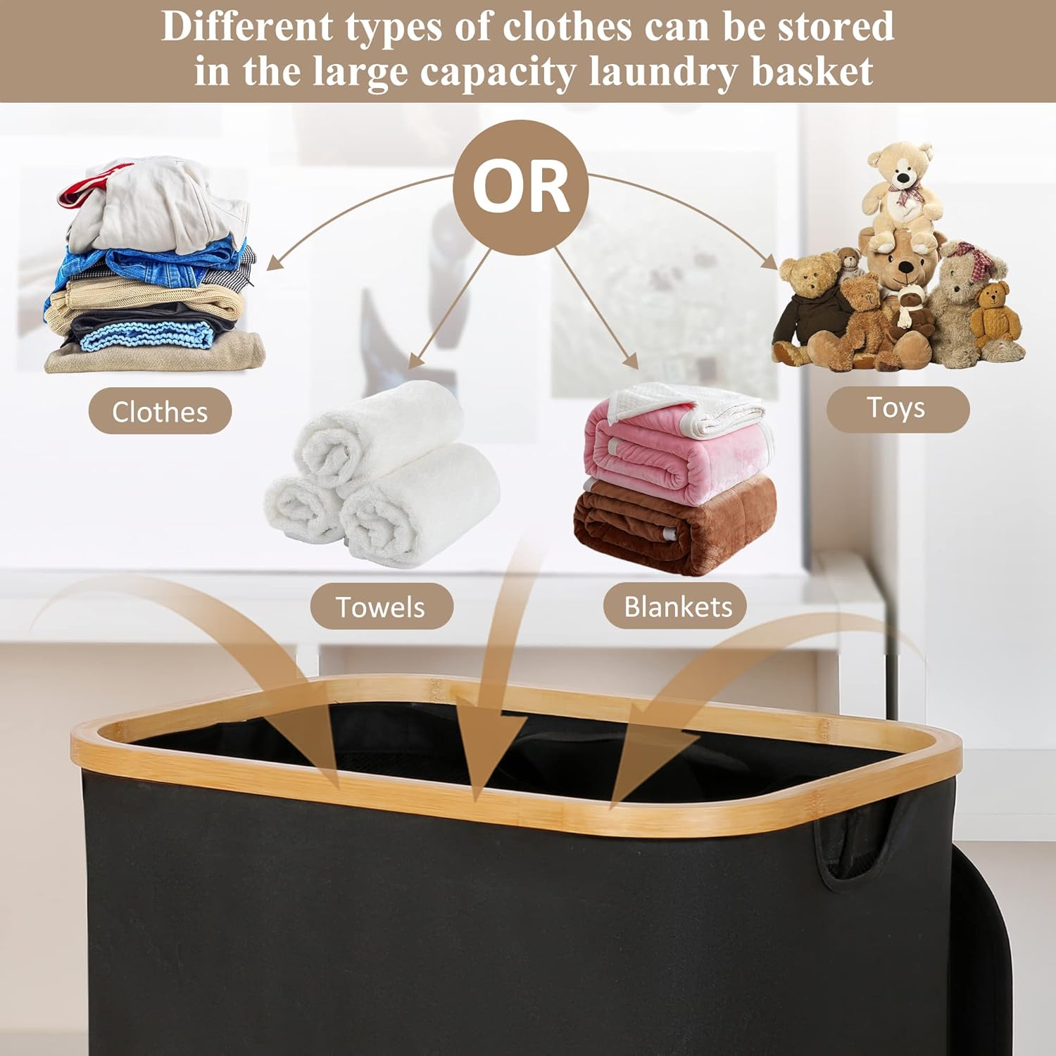 Laundry Hamper with Lid - Waterproof Freestanding Laundry Basket with Removable Liner Bag, Collapsible 110L Large Clothes Storage Laundry Bin with Easy Carry Bamboo Handle for Clothes Toys Organizer - Image 4