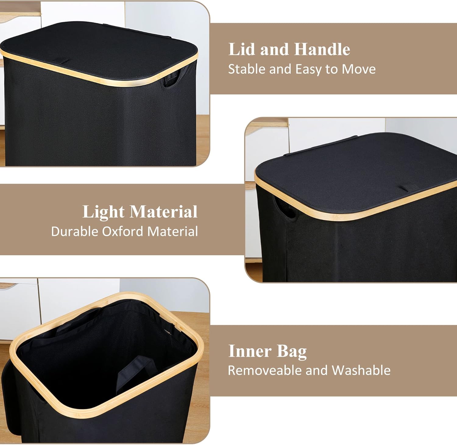 Laundry Hamper with Lid - Waterproof Freestanding Laundry Basket with Removable Liner Bag, Collapsible 110L Large Clothes Storage Laundry Bin with Easy Carry Bamboo Handle for Clothes Toys Organizer - Image 5