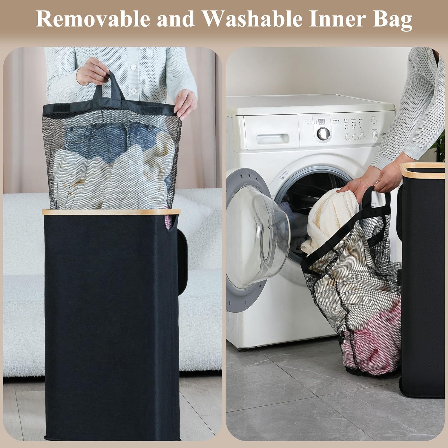 Laundry Hamper with Lid - Waterproof Freestanding Laundry Basket with Removable Liner Bag, Collapsible 110L Large Clothes Storage Laundry Bin with Easy Carry Bamboo Handle for Clothes Toys Organizer - Image 6
