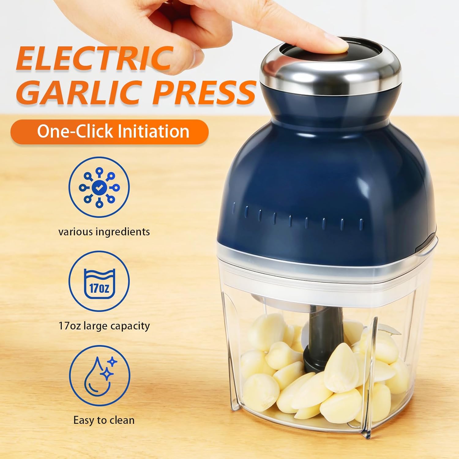 Electric Garlic Press,Food Chopper with 17oz Glass Bowl, For Chopping,Grinding,Mincing,Whisking,Meal Prep,250W,Blue - Image 2