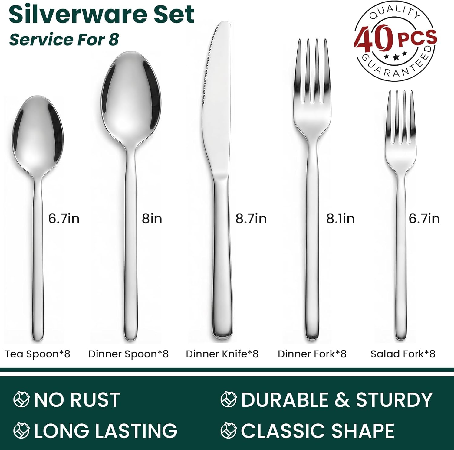 Premium 40-Piece Silverware Set for 8, 18/10 Stainless Steel Flatware Cutlery Set with Forks, Knives, Spoons, Durable and Elegant Design Utensils Tableware - Heavy Duty, Dishwasher Safe - Image 2