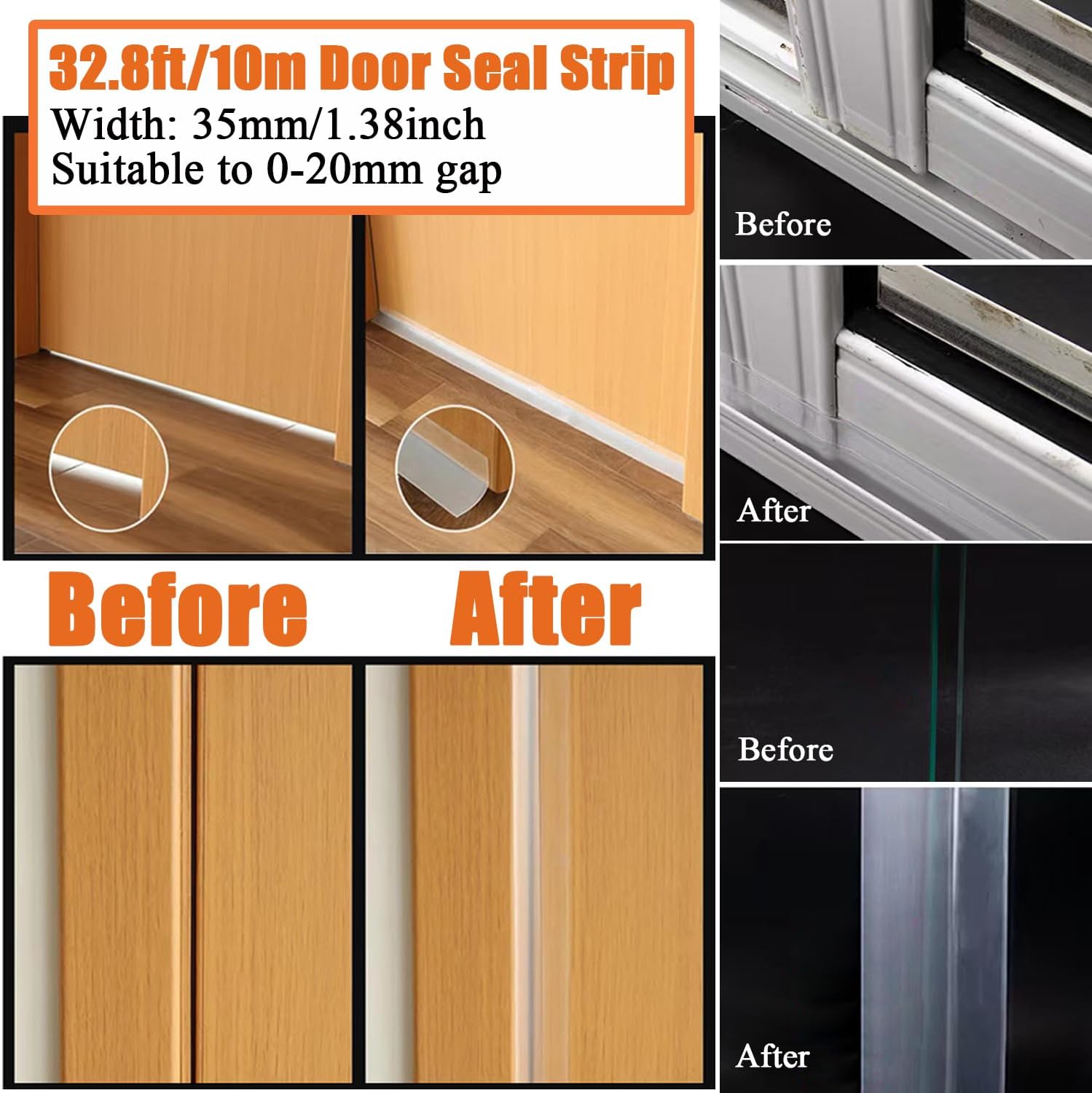 32.8FT Silicone Weather Stripping Door Seal Strip, No Residue Glass Shower Door Seal Strip Under Door Draft Stopper Silicone Sealing Tape for Doors Windows Shower Glass Gap,Transparent,35MM - Image 3